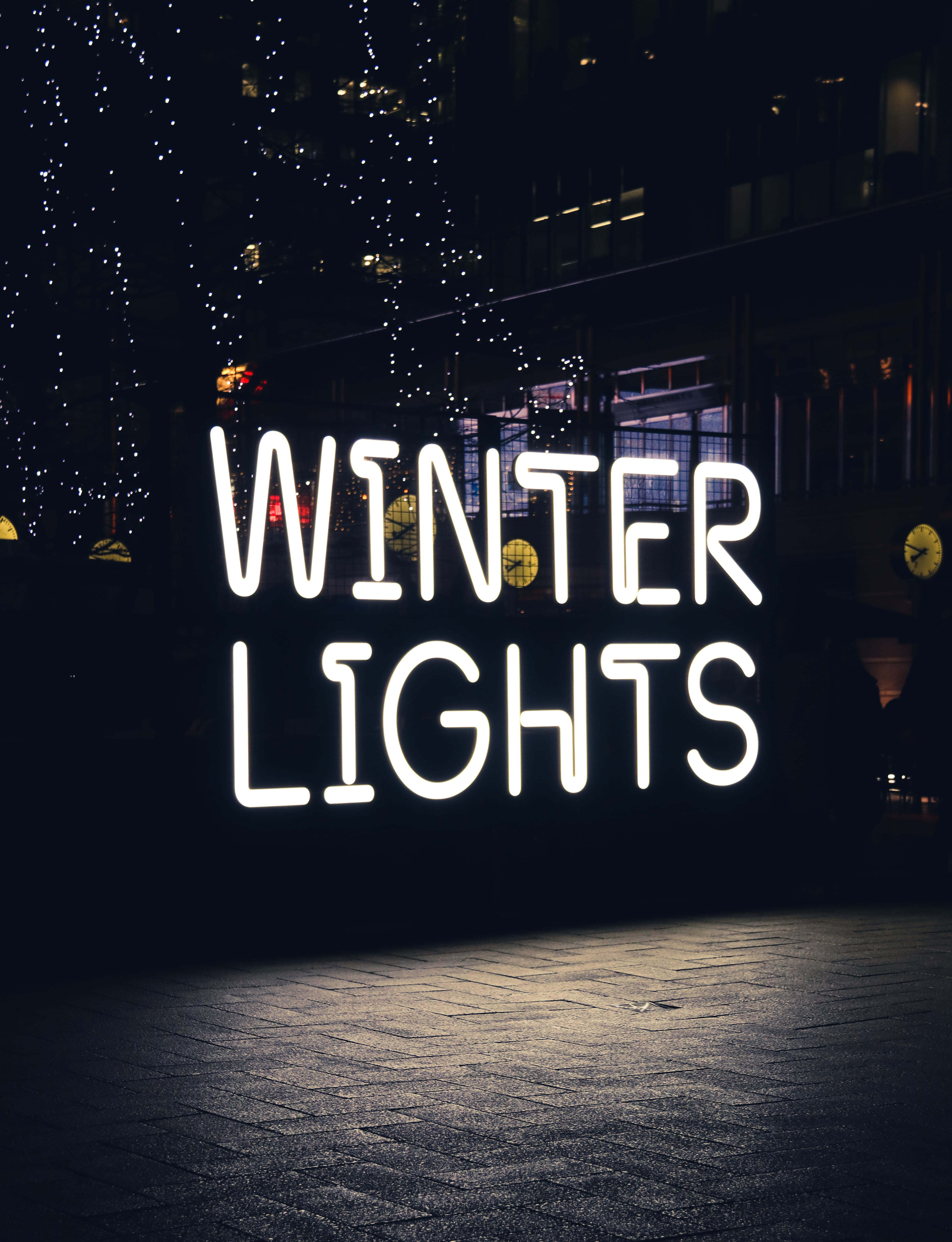no people, decorations, text, 5K, western script, winter, architecture, night, urban, leisure activities, dark, city, single word, canary wharf, midnight, Phone HD Wallpaper