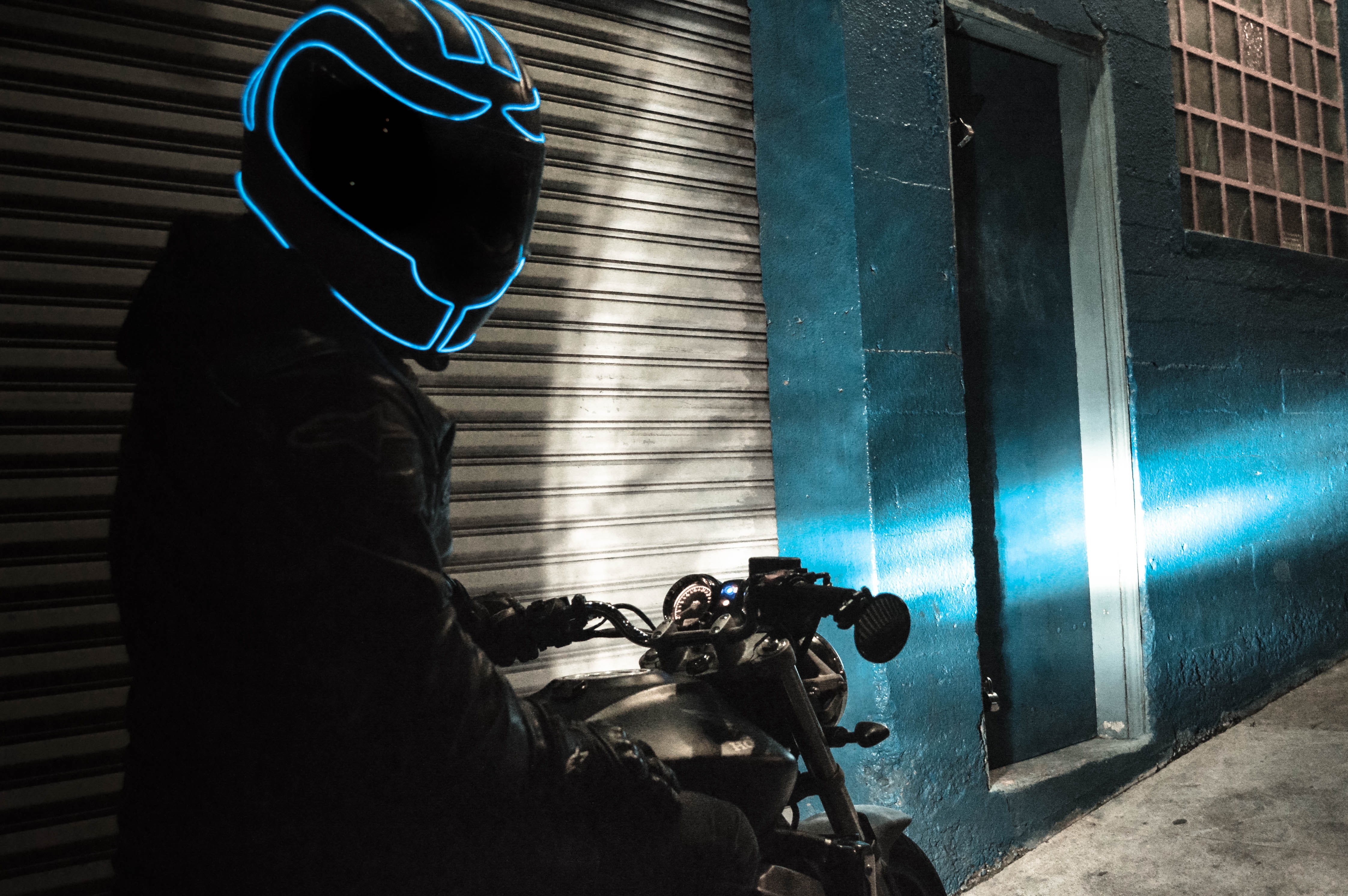 security, architecture, throttle, adult, real people, black, photographer, motorcycle, rider, blue, urban, leather, men, photography themes, chopper, led, HD Wallpaper