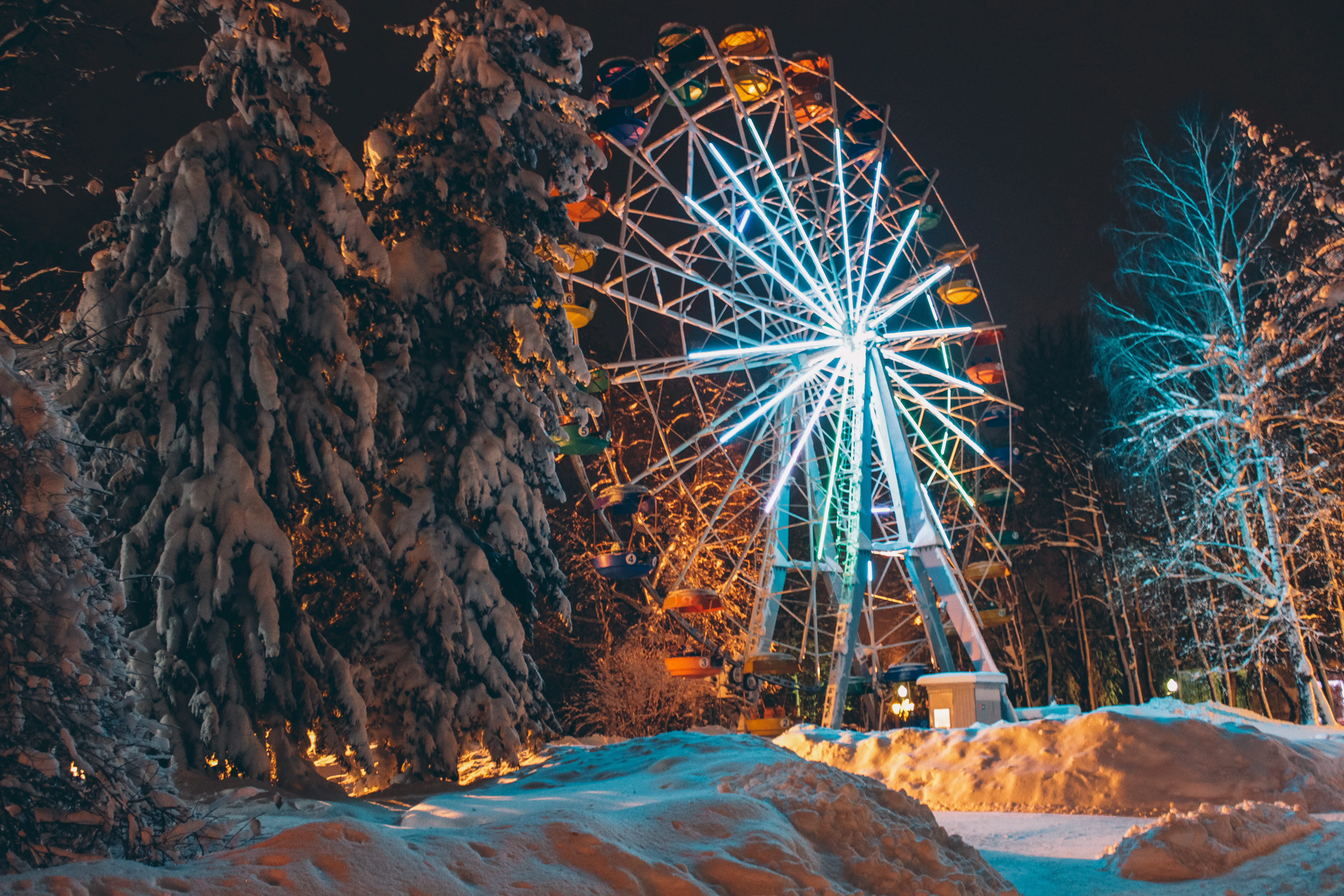 amusement park, neonlight, ferris, tree, nature, trees, canon, amusement park ride, beside, cold temperature, outdoors, machine, travel destinations, abies, HD Wallpaper