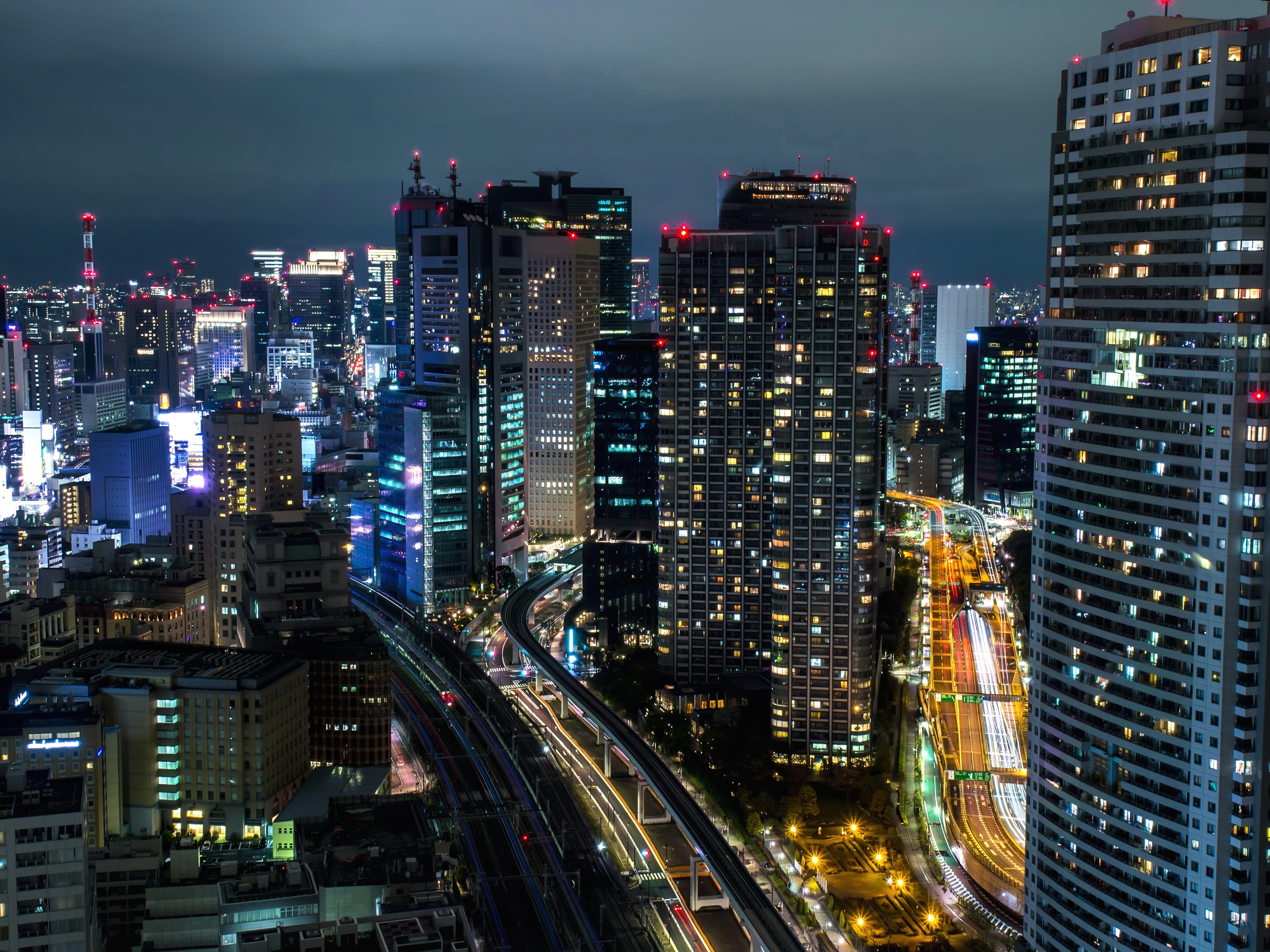 skyscraper, street, downtown district, architecture, cityscape, night, high angle view, city life, office building exterior, tower, illuminated, sky, outdoors, HD Wallpaper