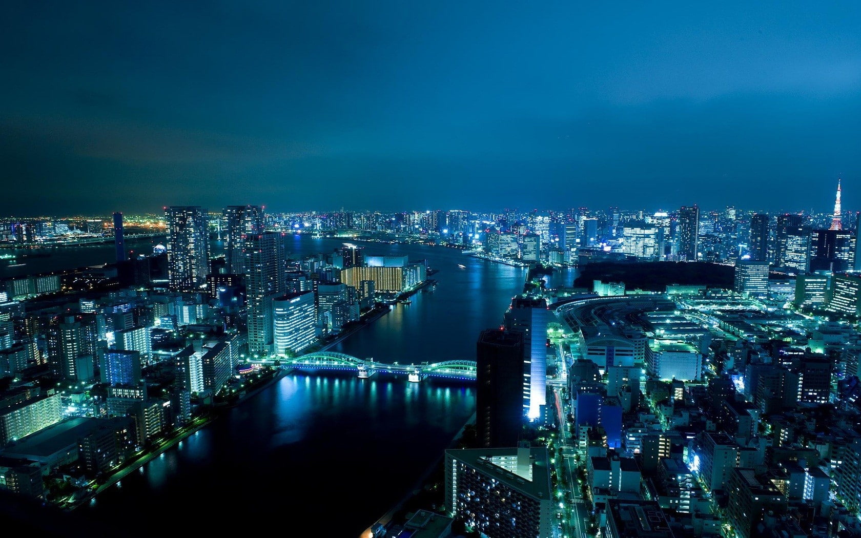 bridge, skyscraper, cityscape, river, 720P, city, night, Tokyo, city lights, HD Wallpaper