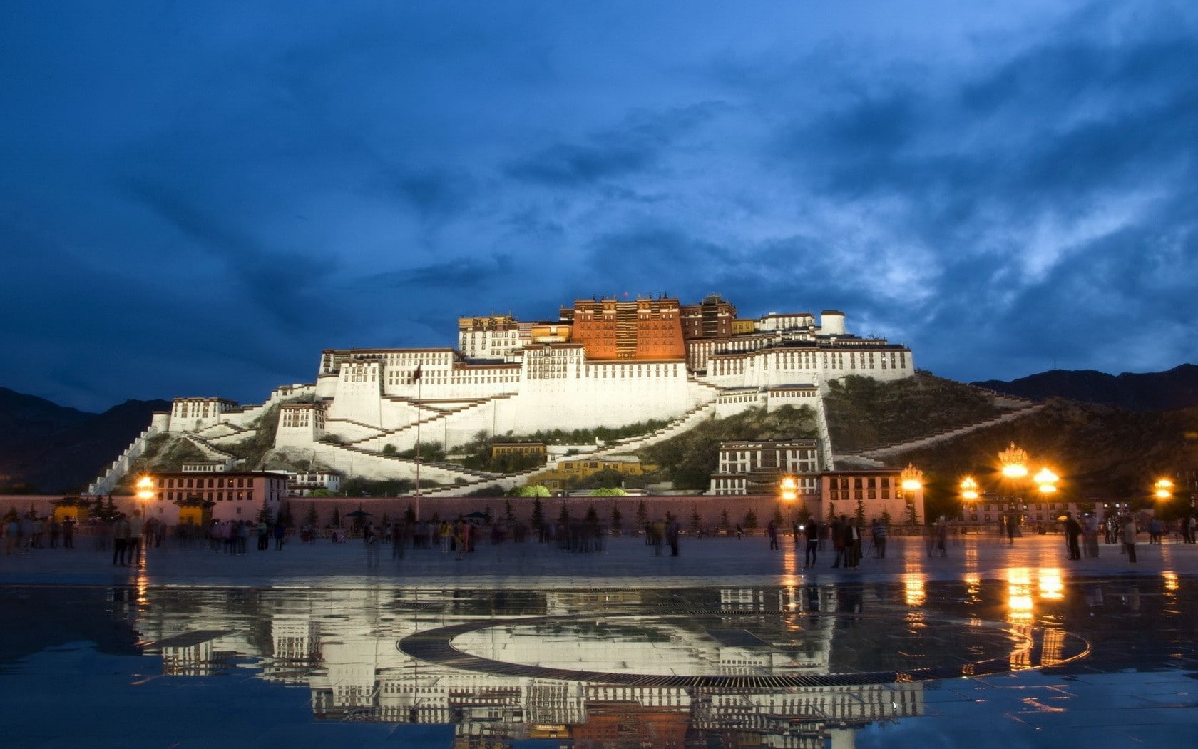 720P, Tibet, reflection, stairs, water, Town Square, architecture, rock, clouds, Lights, Evening, Lhasa, Potala Palace, Buddhism, Tourism, Palace, mountain, HD Wallpaper