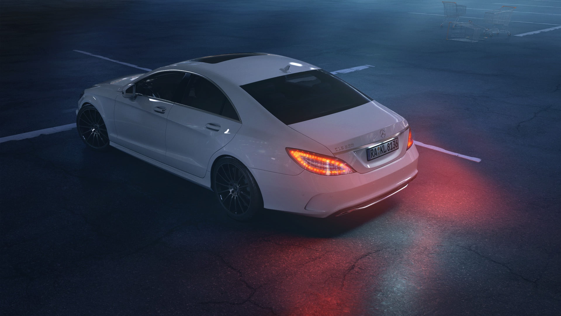 Night Parking, Mercedes, Mercedes-Benz CLS 500, by Daniil Vinogradov, Daniil Vinogradov, Transport and Vehicles, White, Rendering, Auto, Machine, 1080P, HD Wallpaper