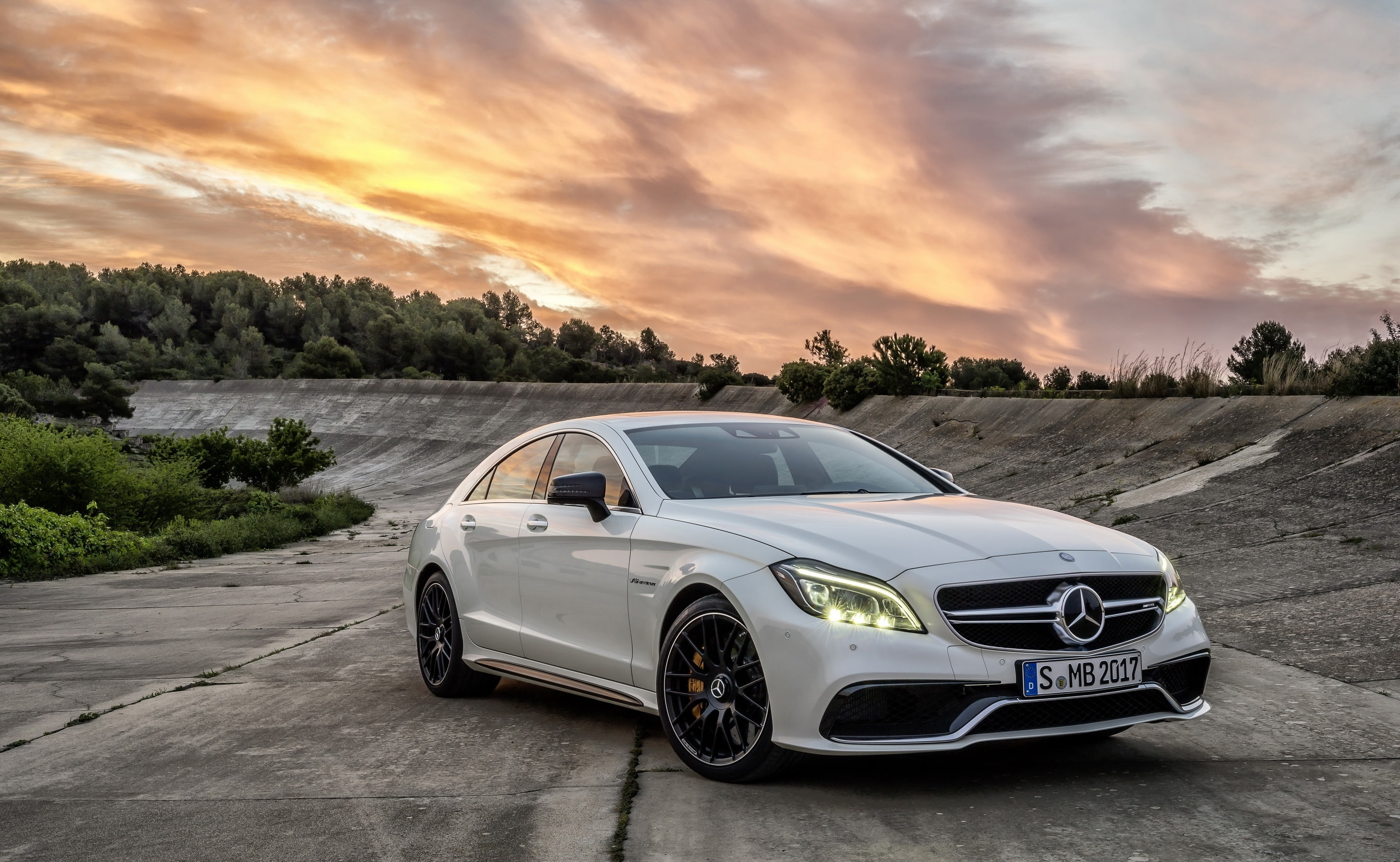 sunset, tree, sky, cloud - sky, Cars, beauty in nature, land vehicle, mercedes, motor vehicle, cls, white, outdoors, road trip, car, stationary, transportation, HD Wallpaper