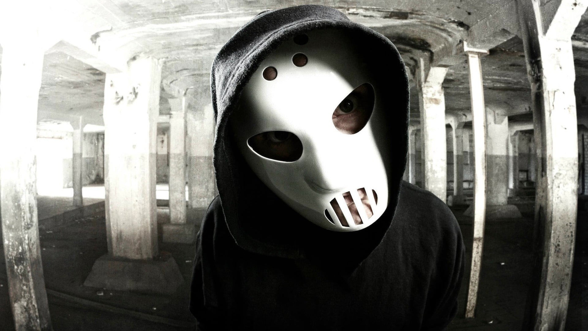 portrait, hoodie, face, EDM, Angerfist, top, 1080P, mask, hockey mask, black, white, HD Wallpaper