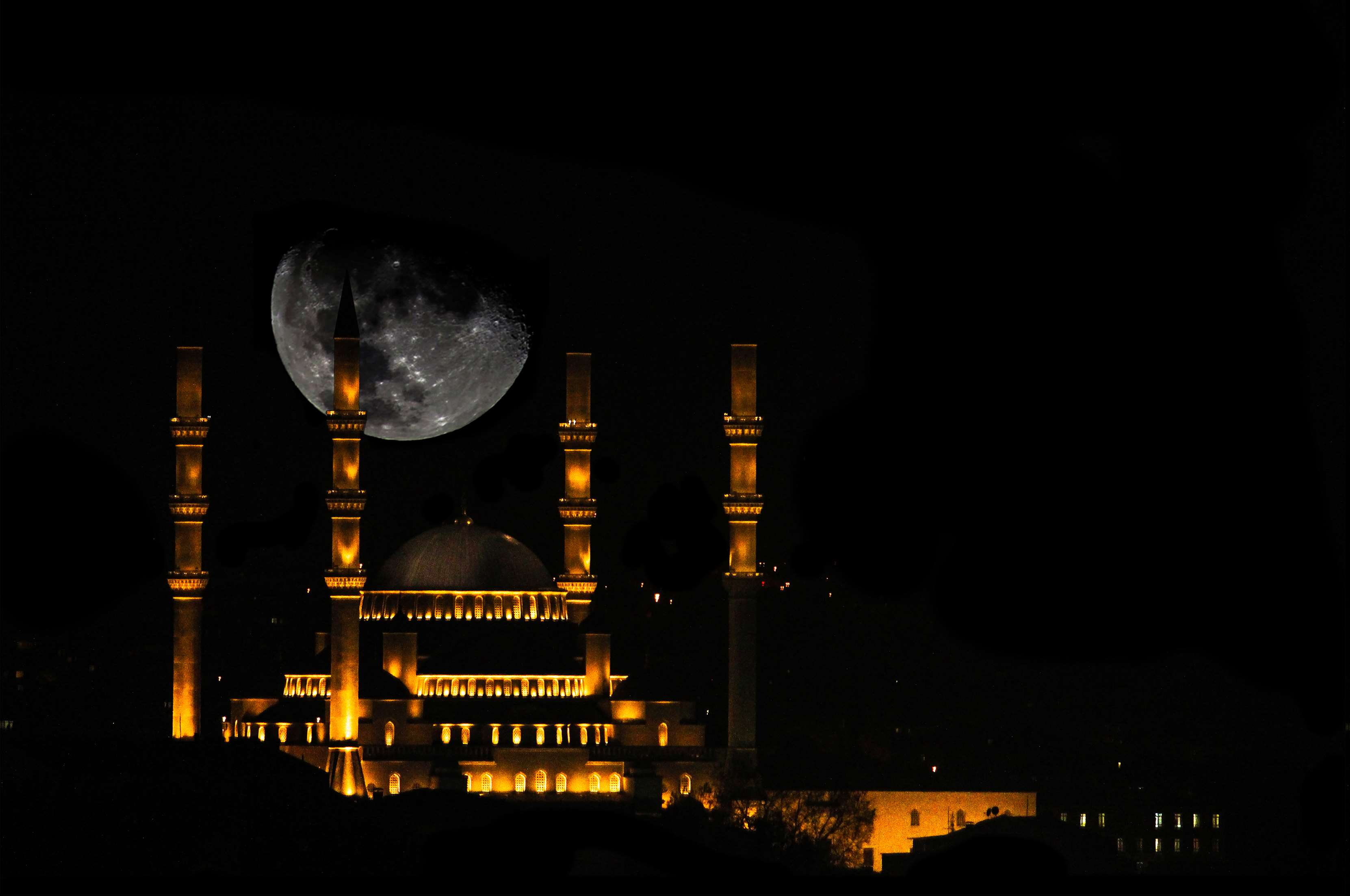 kocatepe, moon, moonlight, ankara, 2K, photokolik, full moon, night, mosque, HD Wallpaper