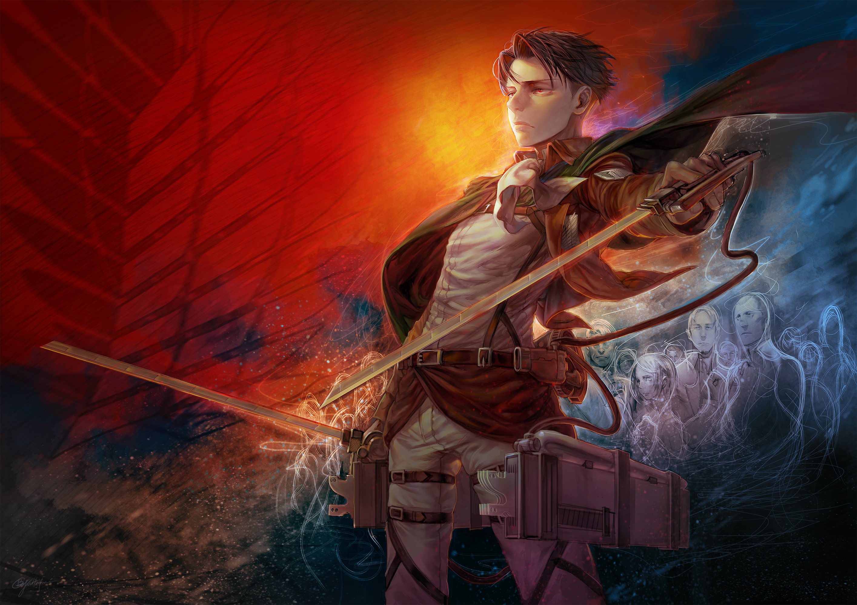 rivaille, red, bossard, gunter, cape, erd, shingeki, short, shulz, 2K, auruo, gin, hair, ral, eyes, uniform, b c n y, weapon, kyojin, petra, sword, HD Wallpaper