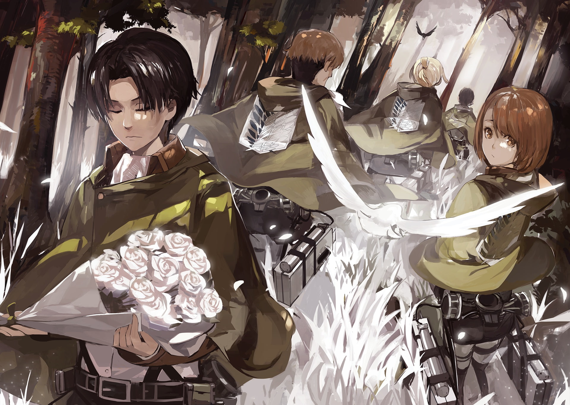 ral, rivaille, shulz, hair, kyojin, saberiii, shingeki, gunter, bird, blonde, erd, gin, 1080P, cape, uniform, animal, short, petra, black, flowers, brown, HD Wallpaper