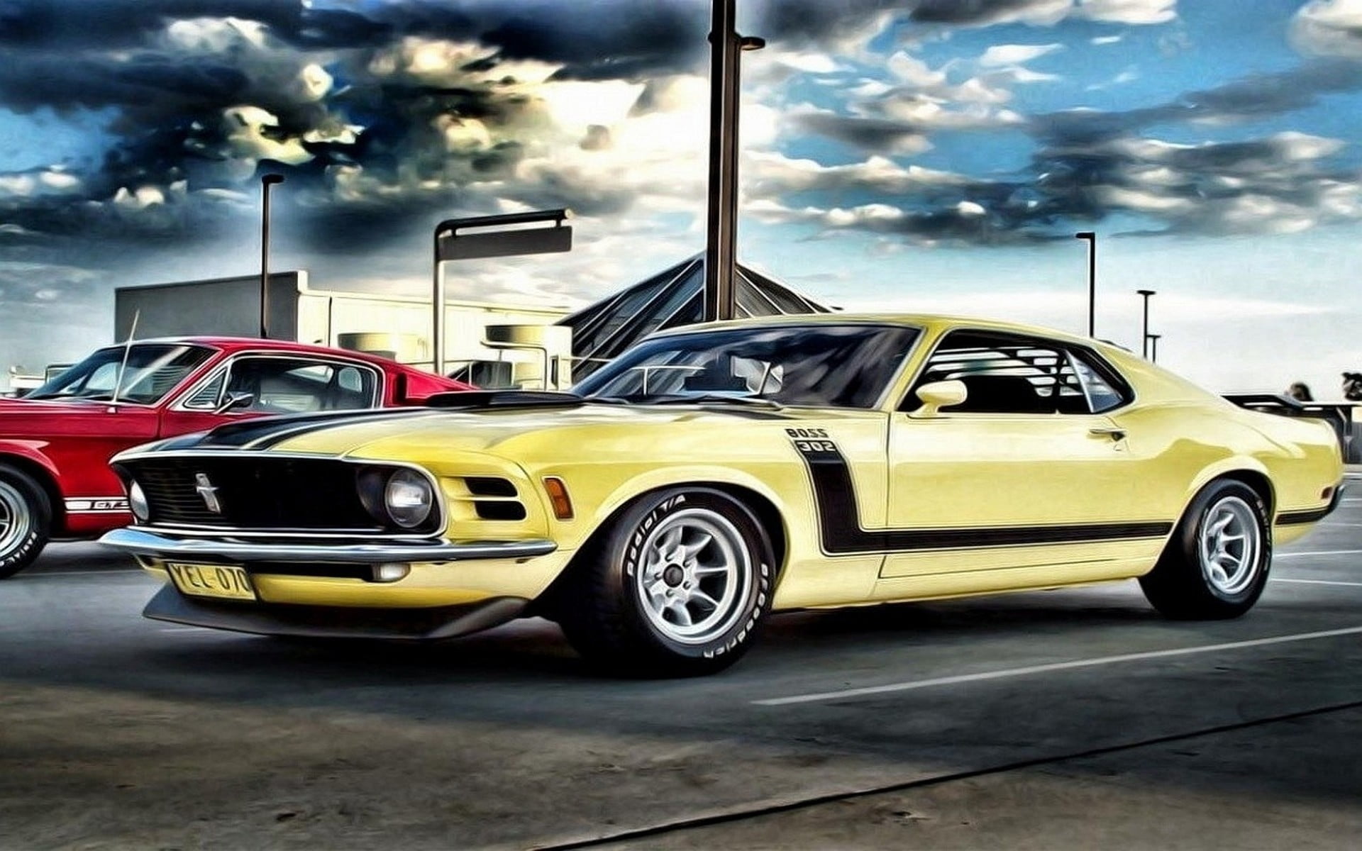 drawing, travel, yellow cars, sign, road, car, outdoors, city, yellow, transportation, vehicle, retro styled, land vehicle, vintage car, boss 302, luxury, HD Wallpaper
