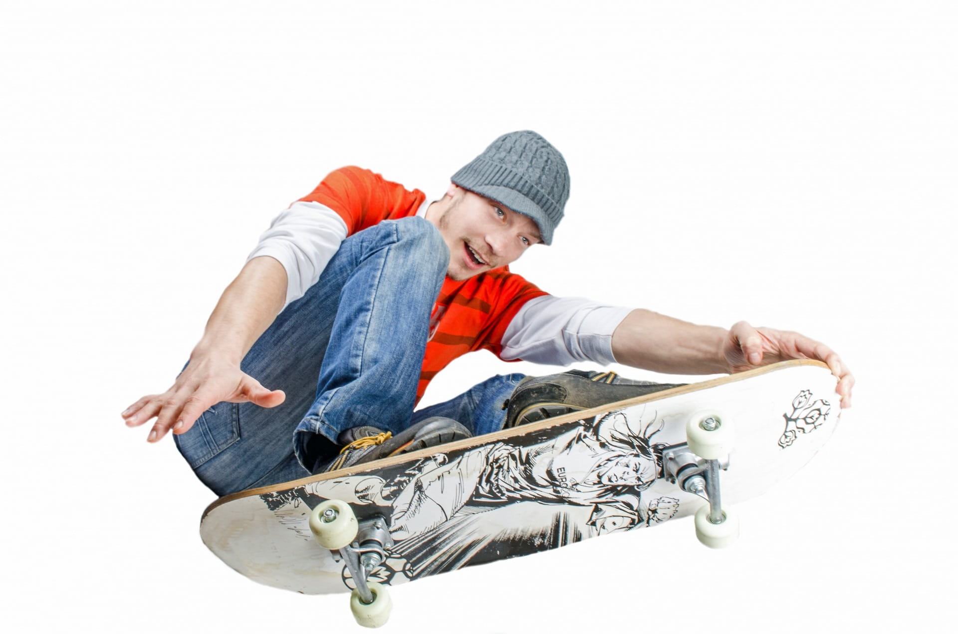 one person, fun, childhood, males, male, trick, man, adult, people, skate, teenager, white background, isolated, knit hat, smiling, jeans, background, culture, HD Wallpaper