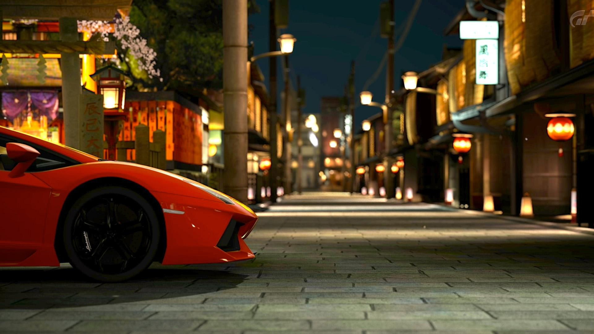 night, coupe, street, 1080P, lamborghini, orange, red, desktop, orange lamborghini, HD Wallpaper