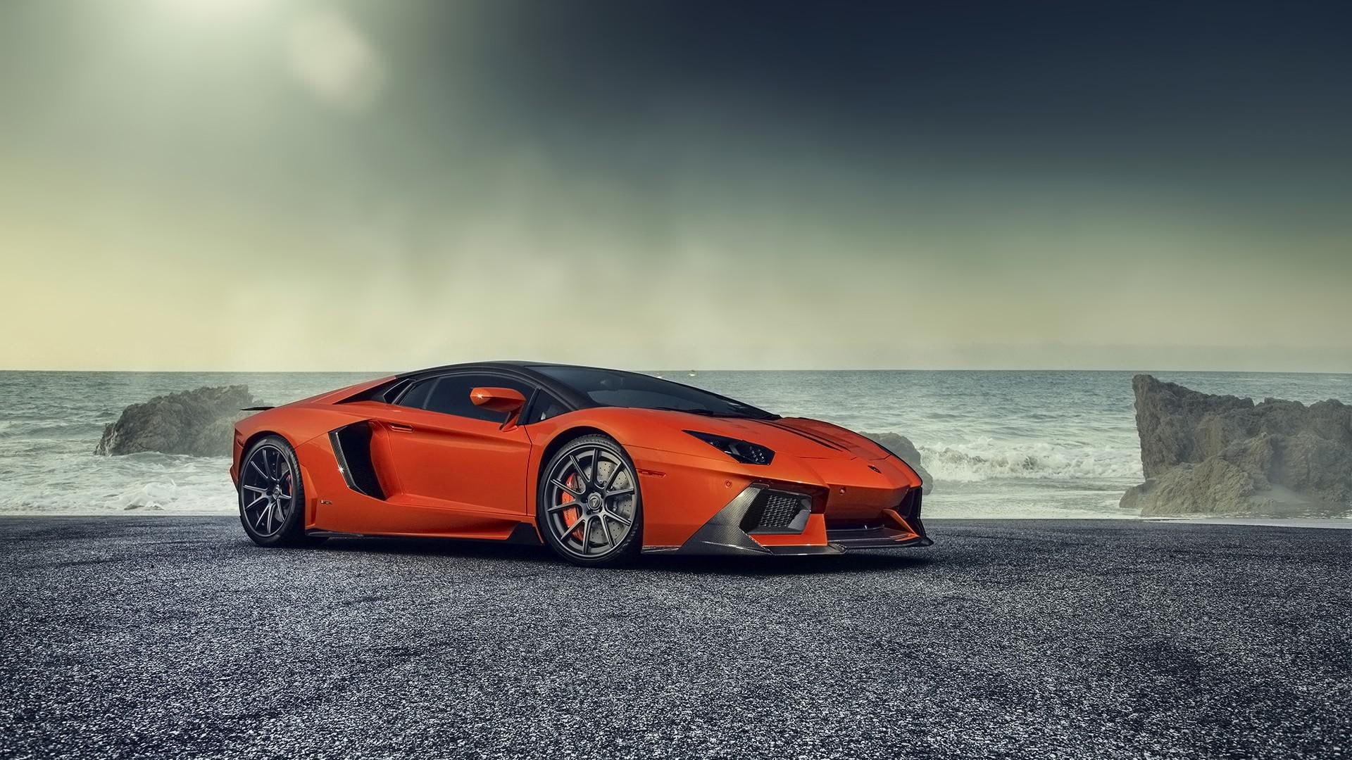 sports, landscape, sports cars, orange lamborghini, cars, lamborghini, 1080P, seaside, orange, HD Wallpaper