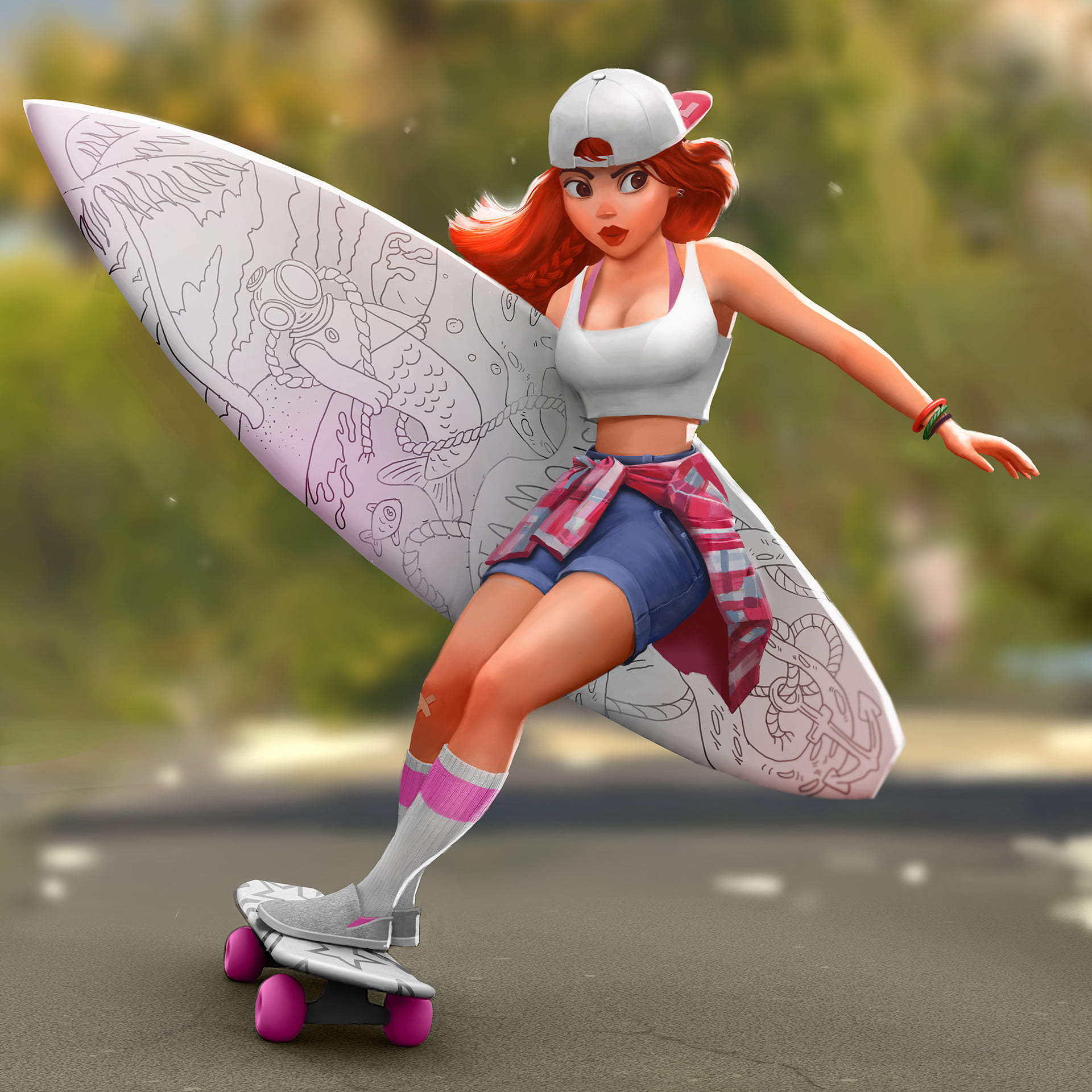 surfers, portrait, shoe, outdoors, redhead, beauty, women, day, young adult, focus on foreground, beautiful woman, front view, 1080P, White Board, jean shorts, Phone HD Wallpaper