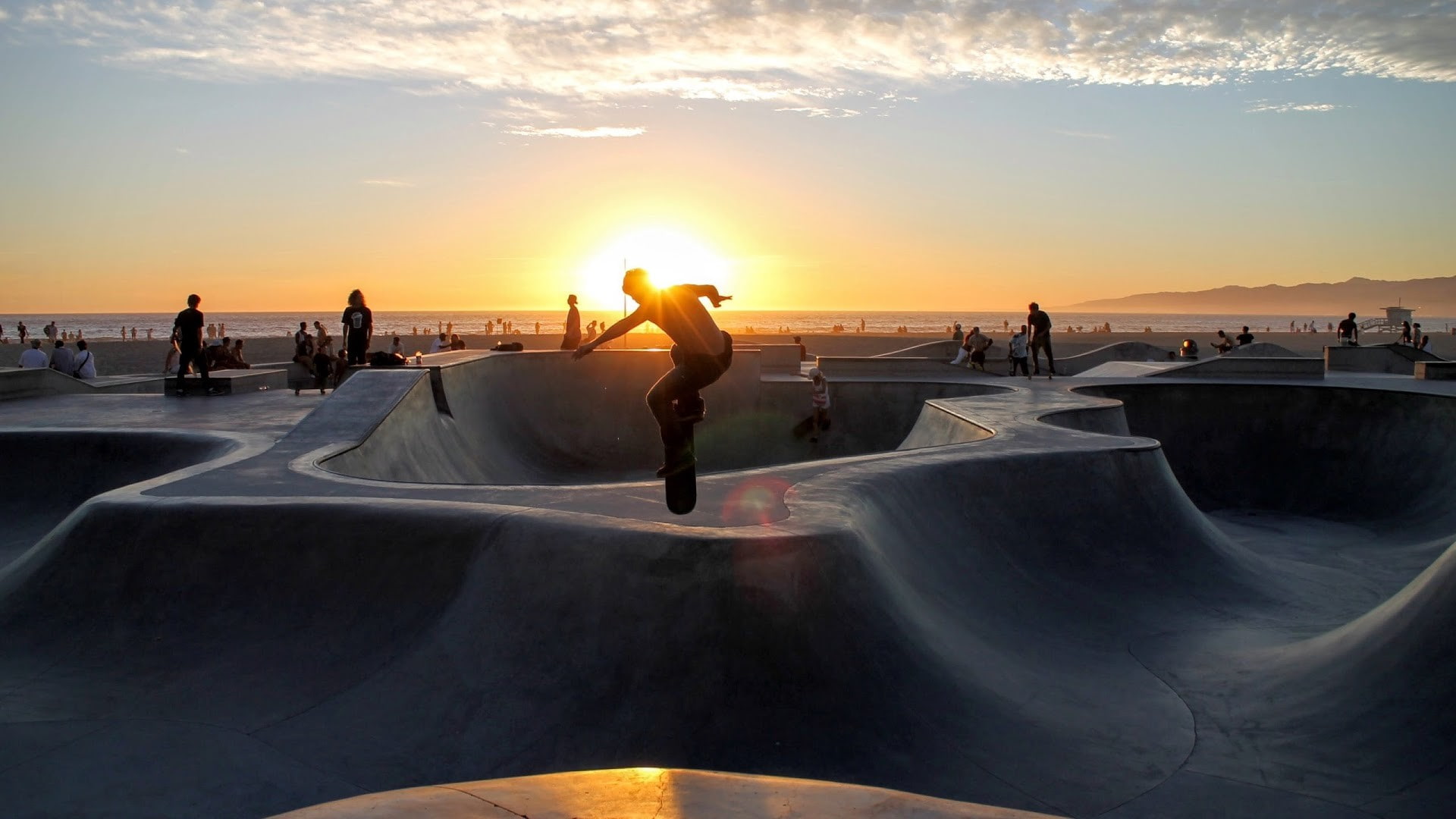 sunset, 1080P, skateboarding, sports, tracks, HD Wallpaper