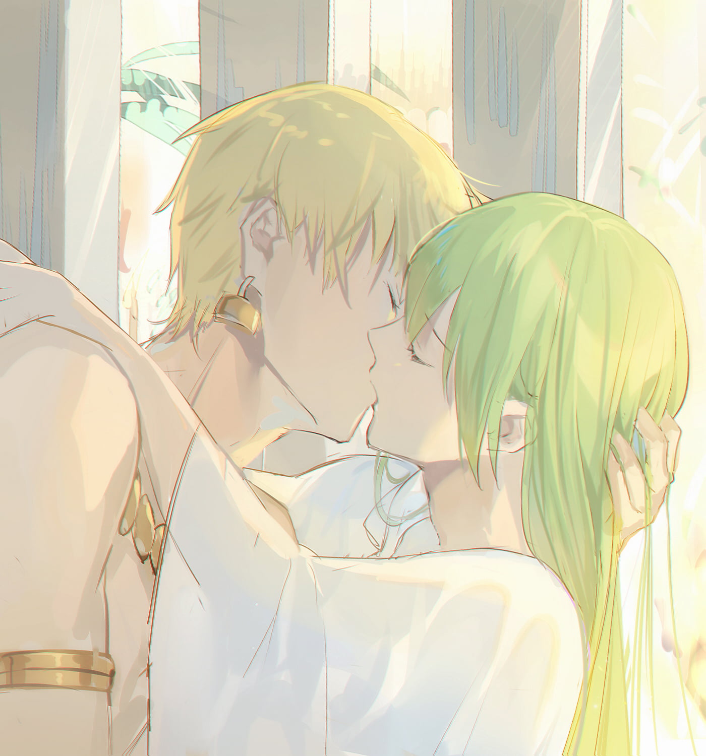 Fate/Grand Order, couple, short hair, Robe, femboy, anime boys, palace, green hair, fan art, FGO, hugging, armlet, bare shoulders, jewelry, 2D, kissing, Phone HD Wallpaper