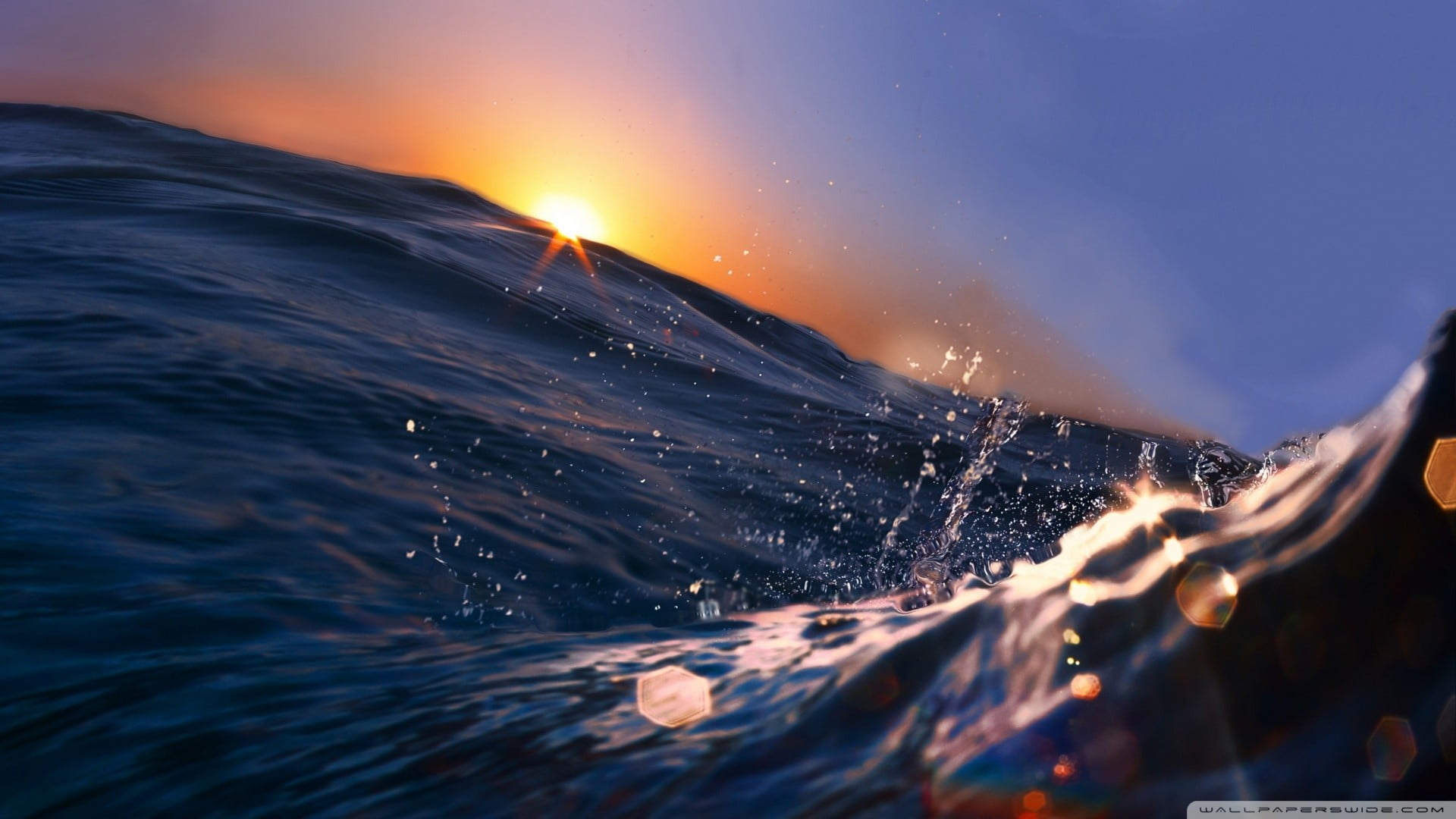 splashing, sunset, non-urban scene, motion, wave, 1080P, nature, waves, body, Sun, beauty in nature, no people, outdoors, scenics - nature, orange color, HD Wallpaper