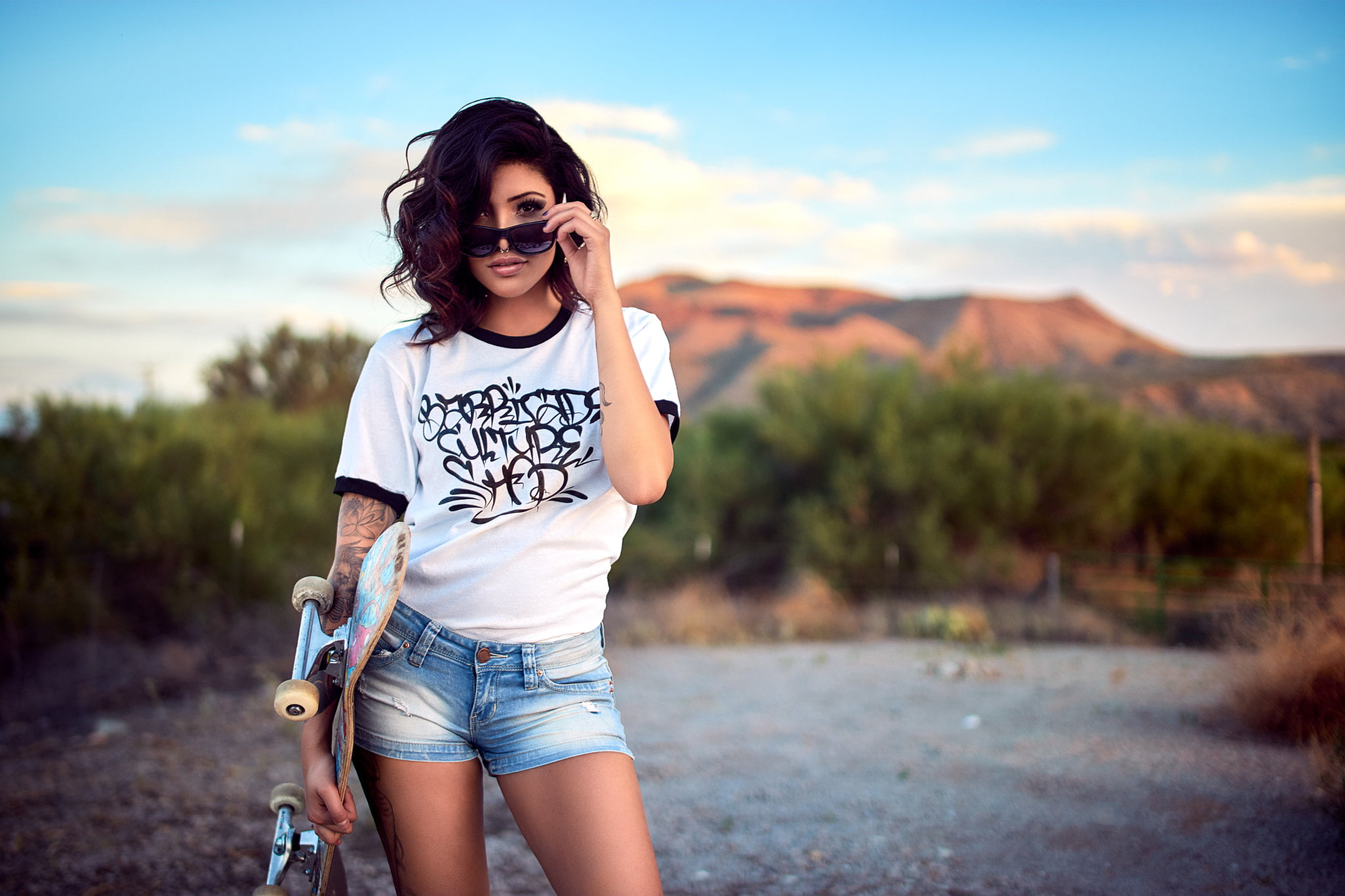 three quarter length, jean shorts, lifestyles, portrait, 1080P, sky, happiness, front view, smiling, one person, young adult, tattoo, day, sunglasses, HD Wallpaper