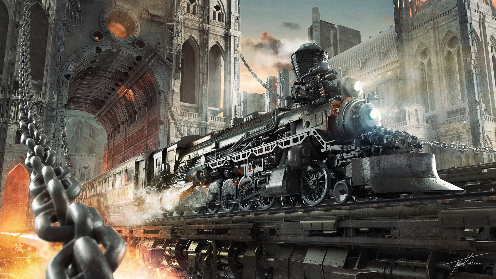 mode of transportation, steam train, smoke - physical structure, day, 1080P, Train, illuminated, travel, nature, Steampunk, Sci Fi, transportation, city, HD Wallpaper