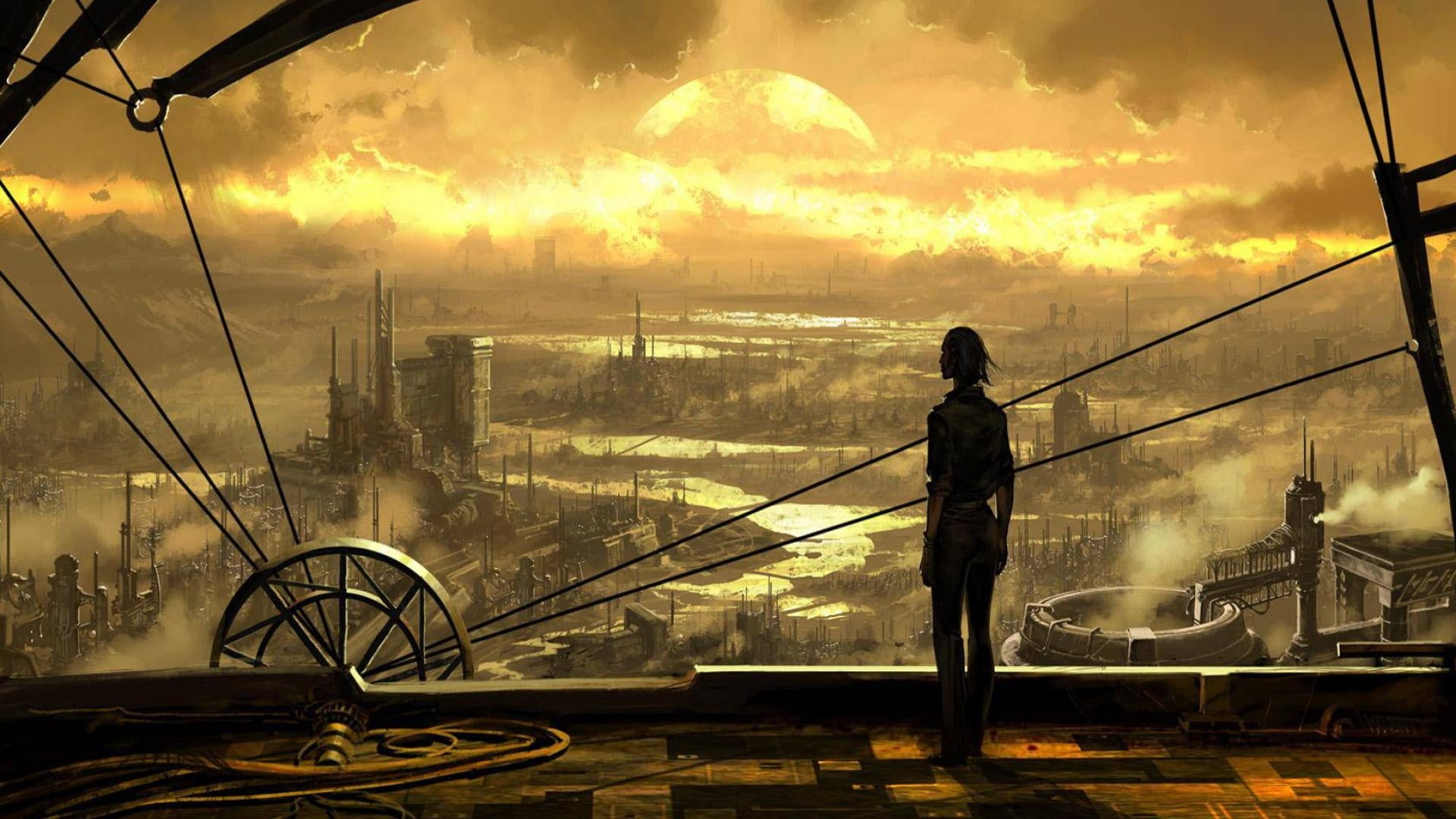 painting, architecture, nature, facing, cityscape, cloud - sky, building exterior, standing, old, person, steampunk, occupation, transportation, full length, HD Wallpaper