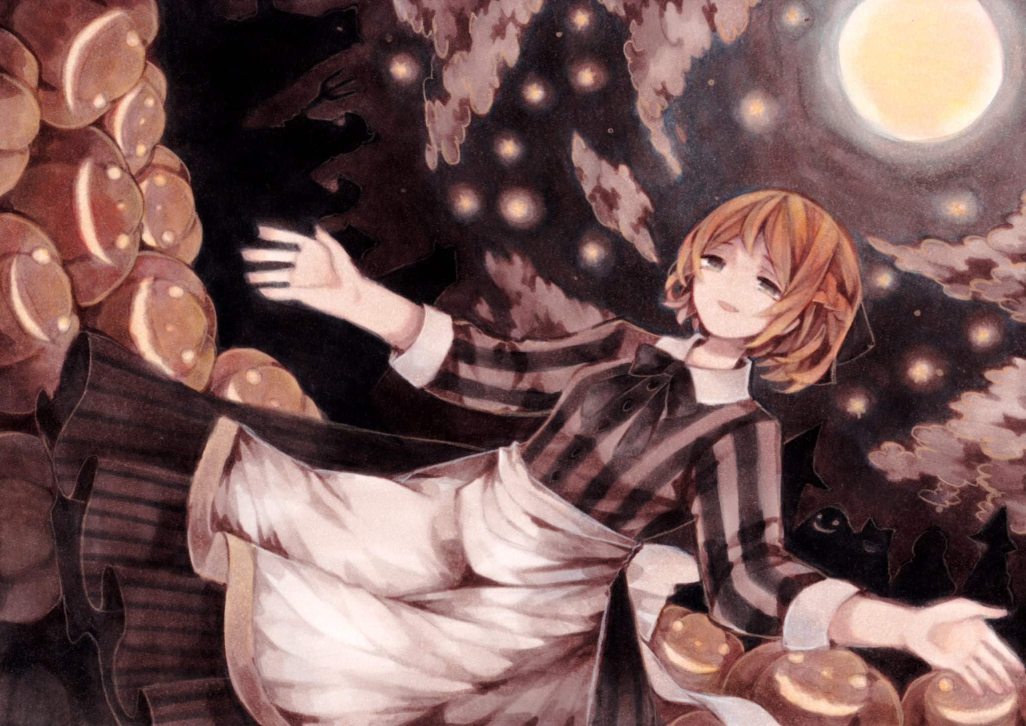 clouds, hair, blonde, bow, horizon, livermore, com, 251065, apron, dress, pumpkin, katherine, 1080P, wiriam07, stars, sound, konachan, night, halloween, HD Wallpaper