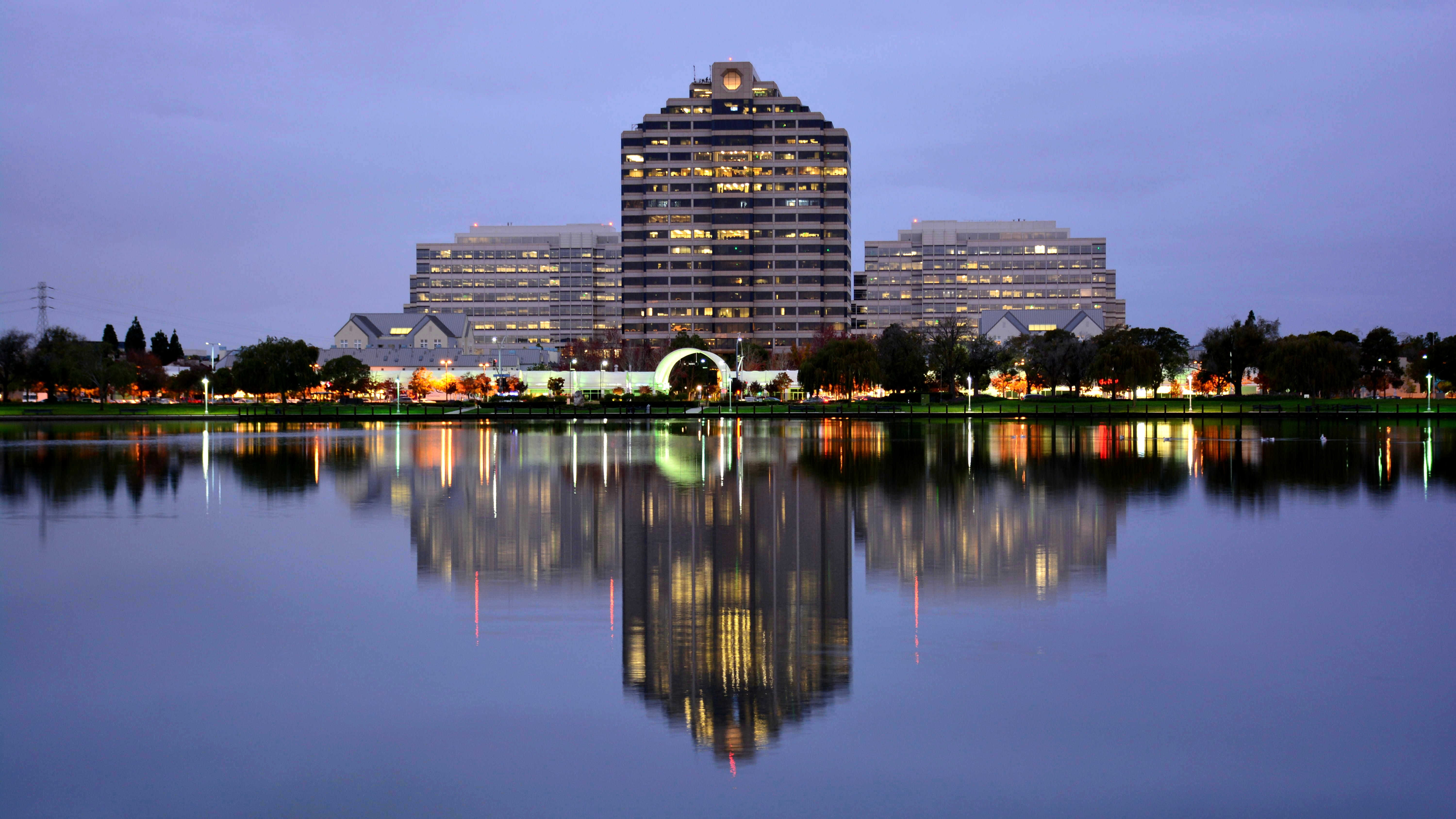 san francisco bay area, modern, government, office building exterior, water, travel, waterfront, building, illuminated, dusk, building exterior, lake, built structure, HD Wallpaper