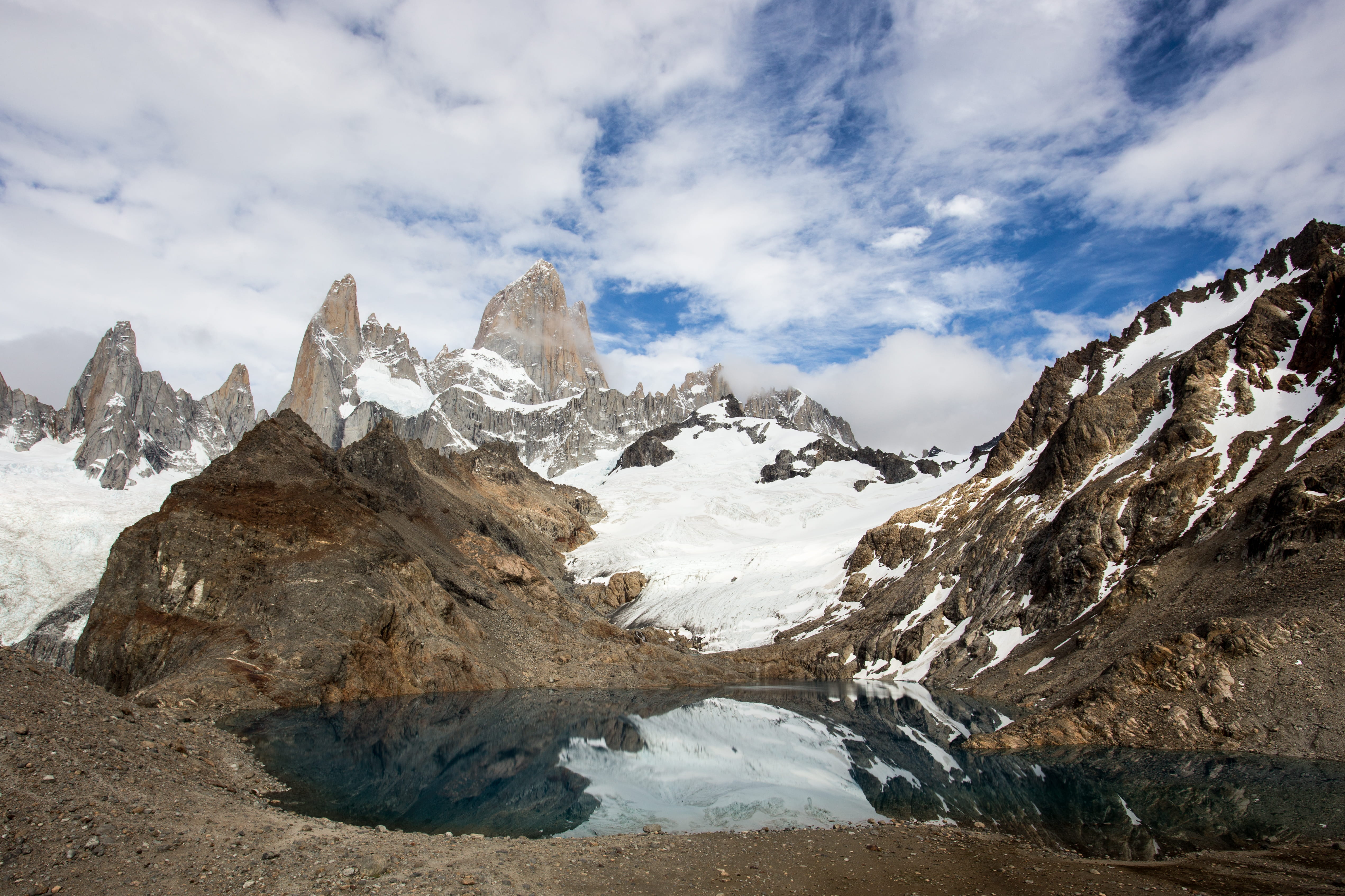 rock, fitz roy, landscape, tranquil scene, cloud - sky, scenics - nature, formation, nature, snow, 4K, winter, cold temperature, non-urban scene, day, HD Wallpaper