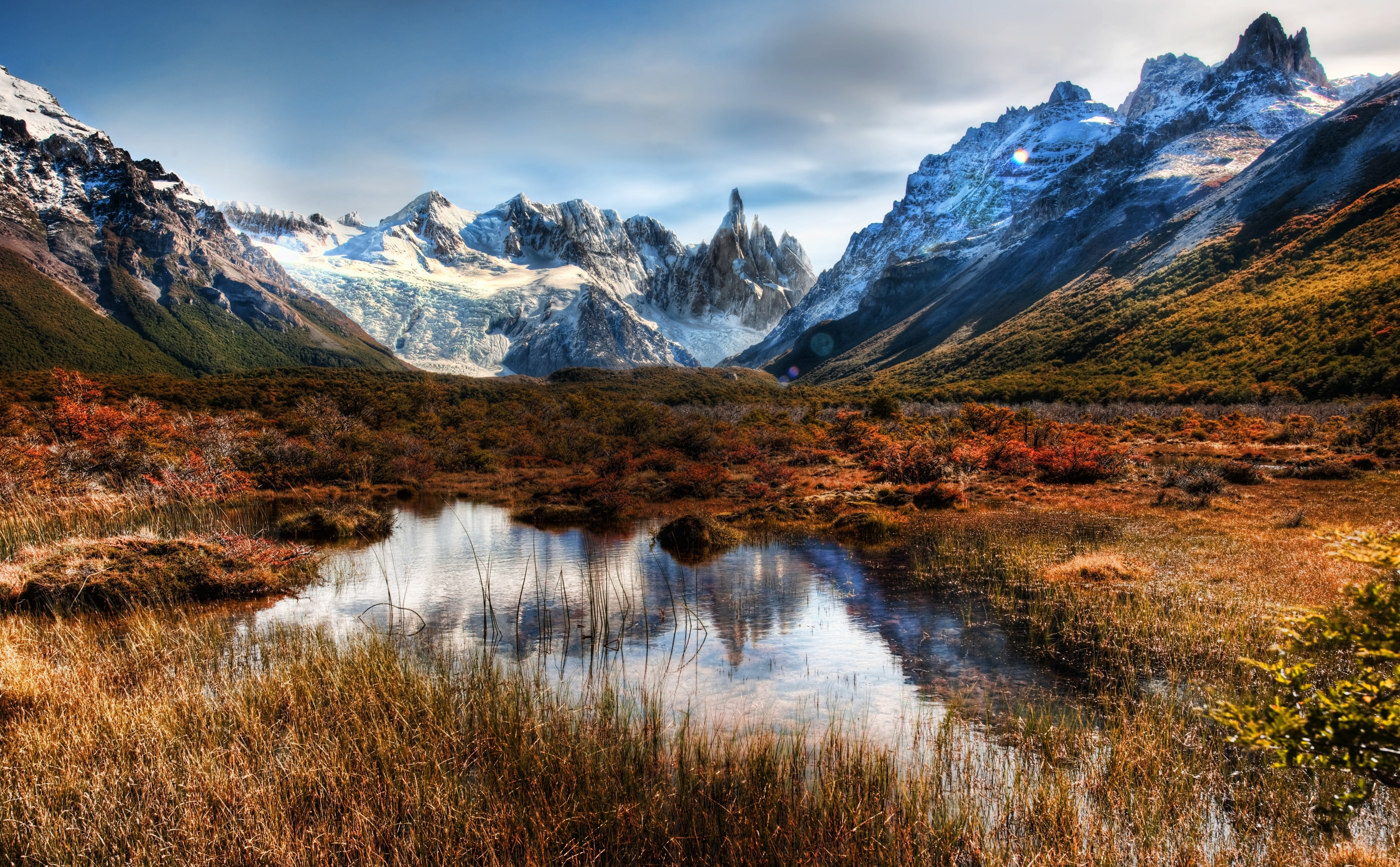environment, snowcapped mountain, cold temperature, sky, water, Argentina, day, beauty in nature, Mountains, cloud - sky, bushes, Pond, outdoors, reflection, HD Wallpaper