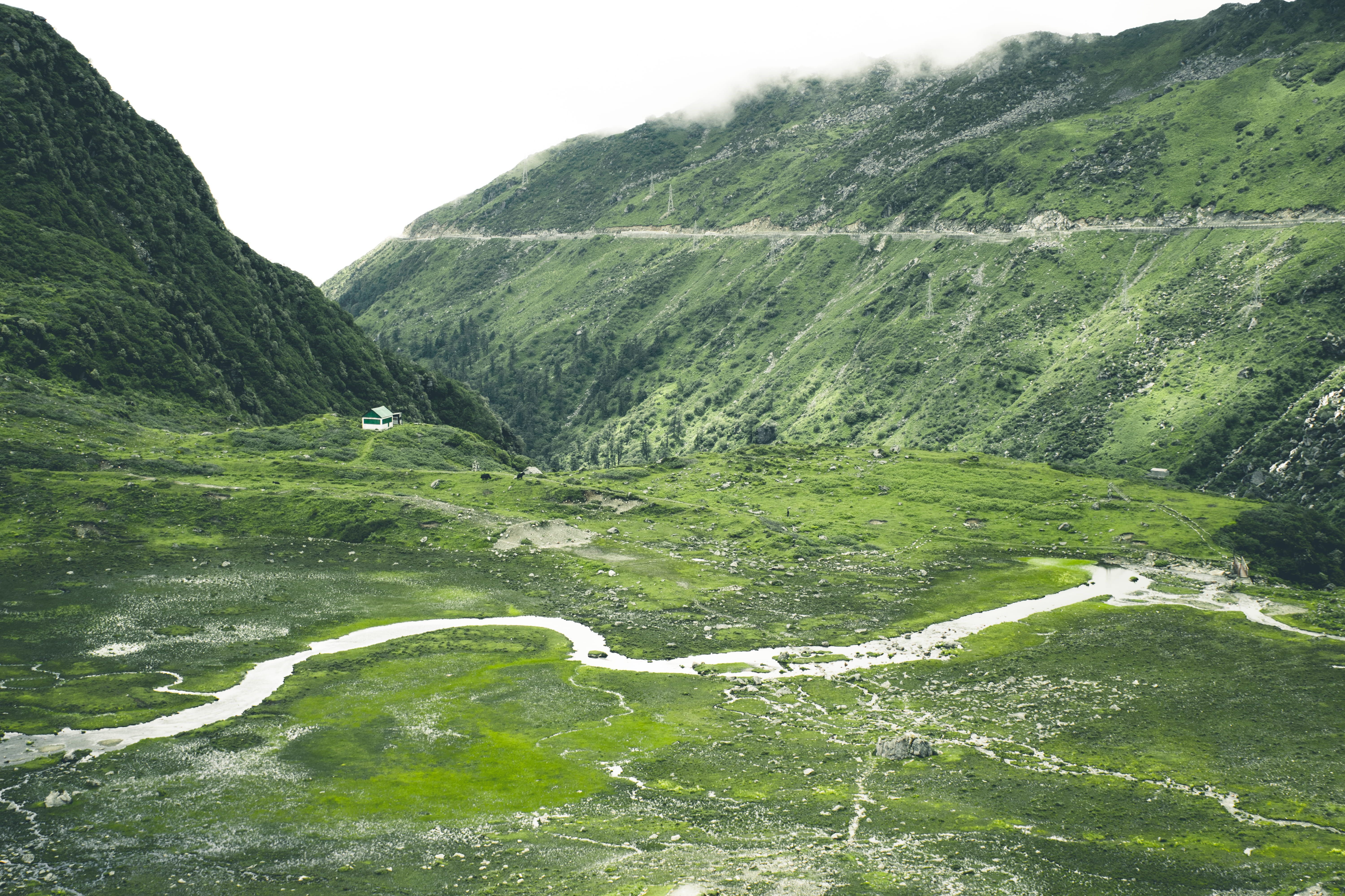 sikkim, 5K, river, non-urban scene, highlands, fog, tranquility, environment, green, house, flowing, plant, mountain range, day, water, idyllic, stream, HD Wallpaper