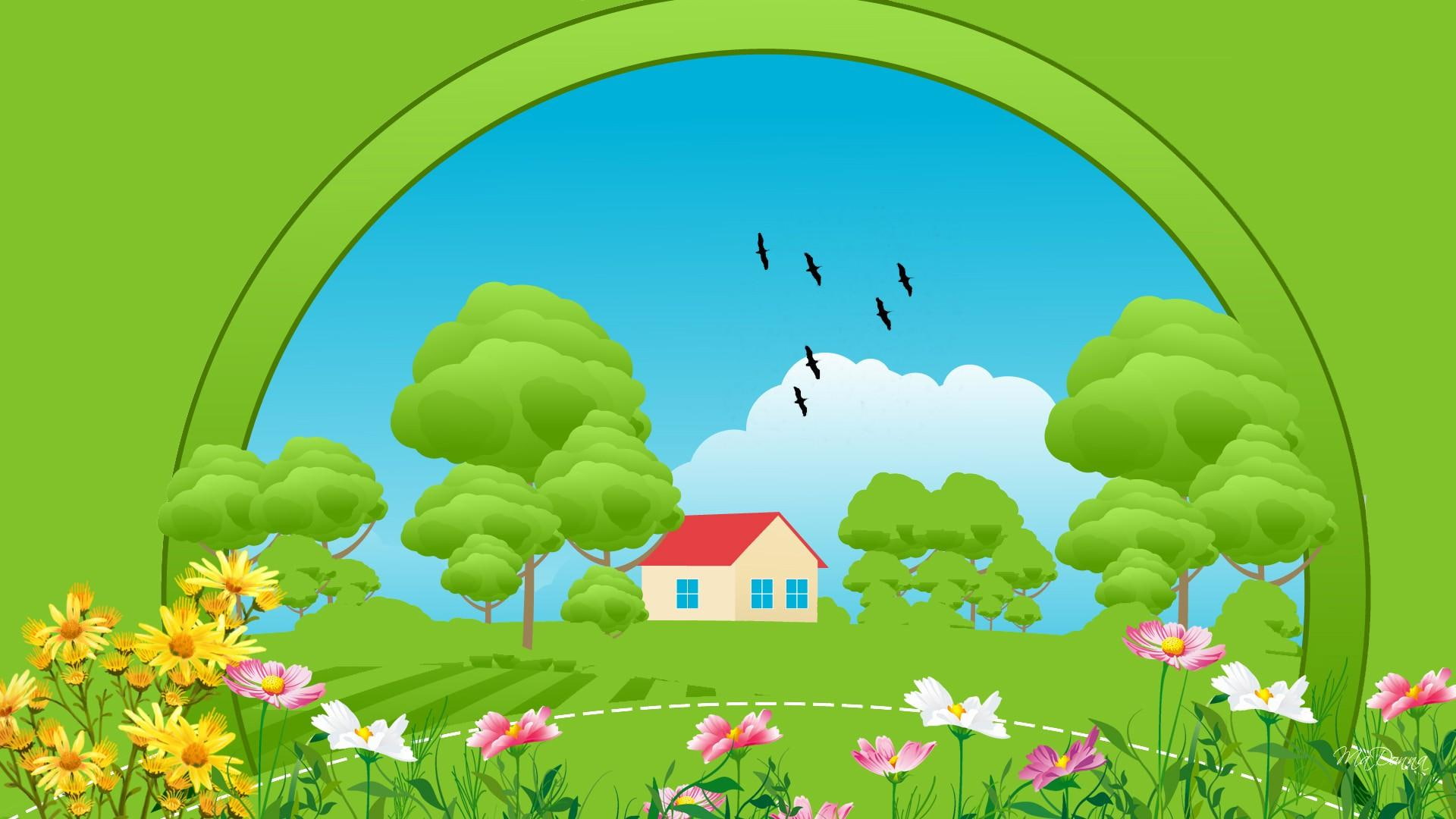clouds, homey, whimsical, fleurs, house, 1080P, happy, country, season, green, summer, flowers, garden, sunny, home, trees, HD Wallpaper
