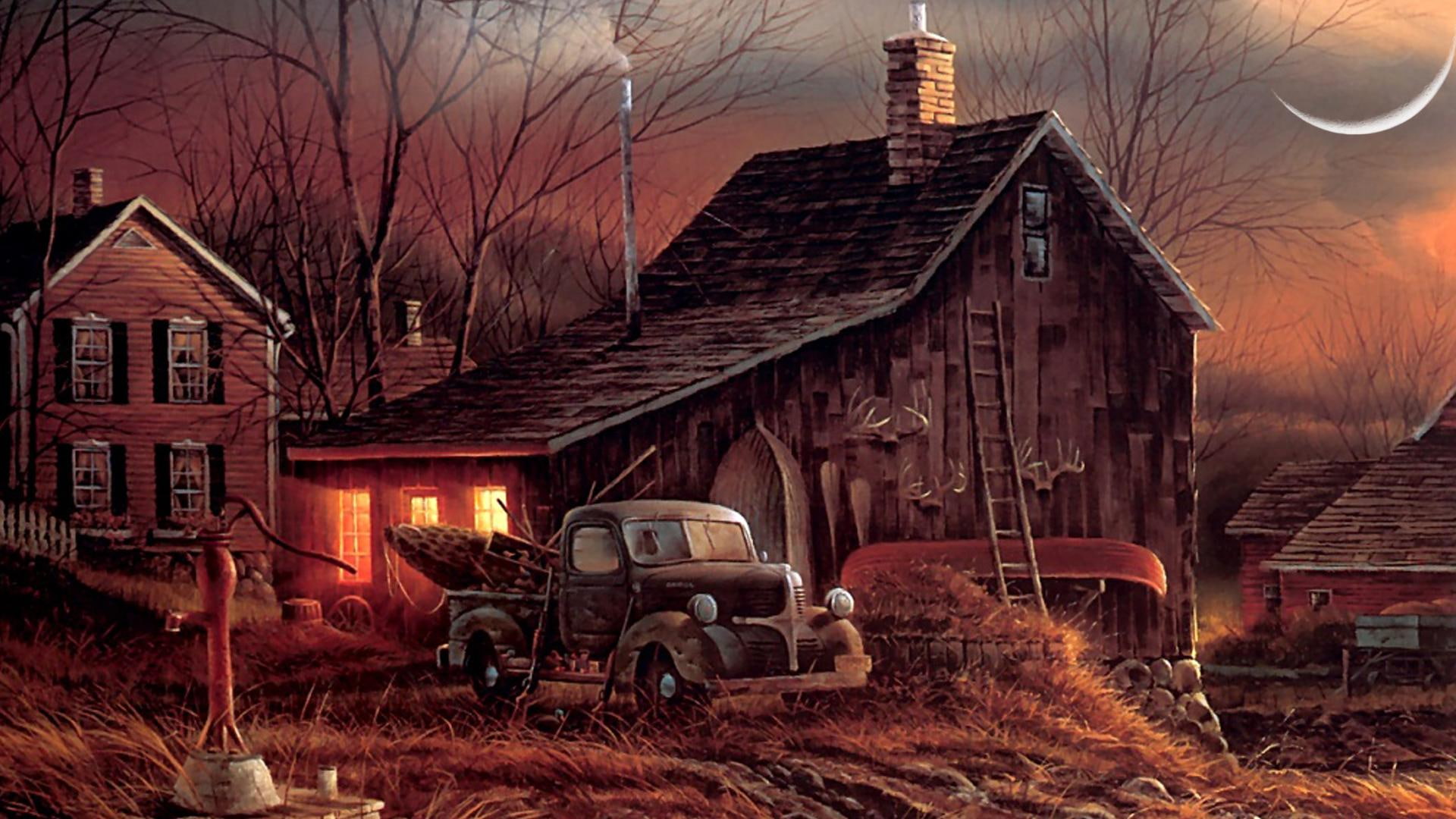barn, chimney, sunset, home, 1080P, pick up, smoke, painting, harvest, country, truck, warm, house, fall, autum, HD Wallpaper