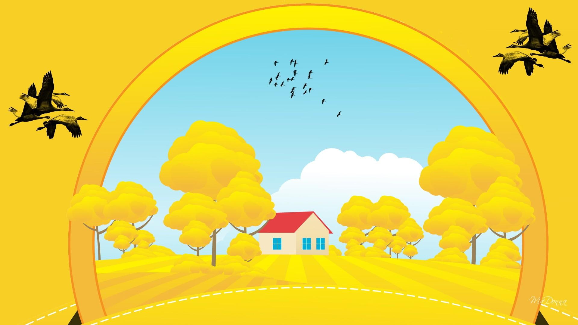 harvest, gold, season, clouds, house, leaves, crops, fall, country, change, farm, 1080P, trees, field, home, yellow, HD Wallpaper
