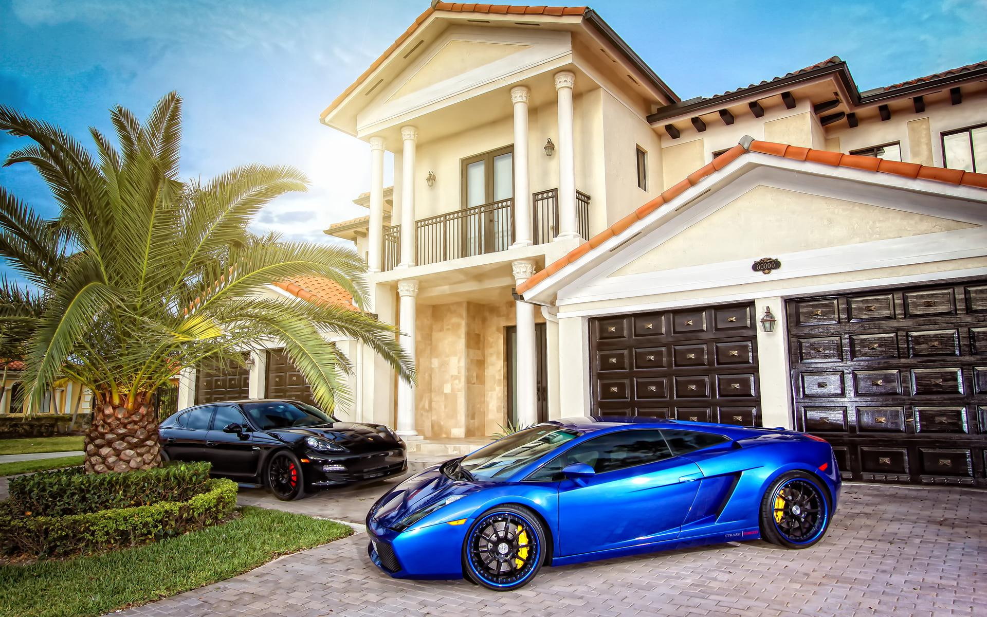 cars, lucky, driveway, porsche, sunny, guy, 1080P, house, lamborghini, HD Wallpaper