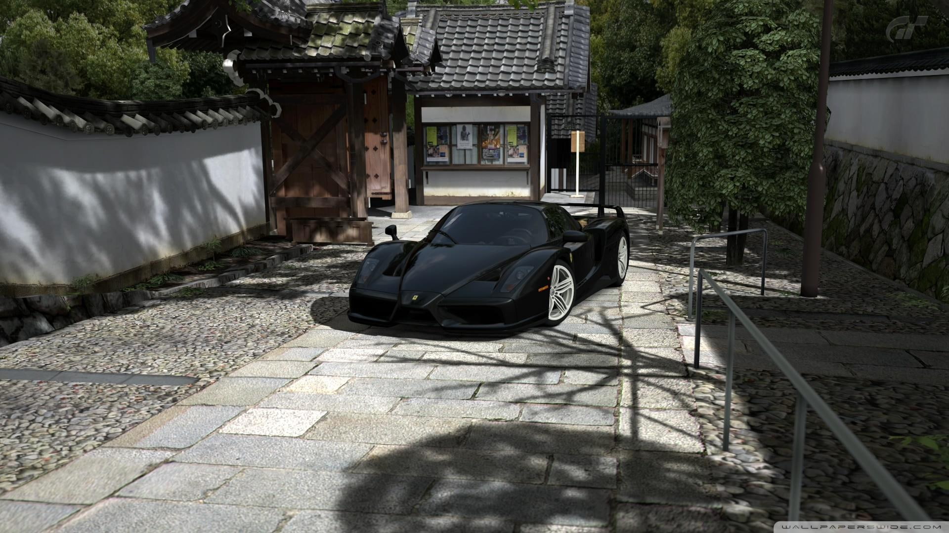 black, driveway, sports, cars, coupe, enzo, 1080P, japan, HD Wallpaper