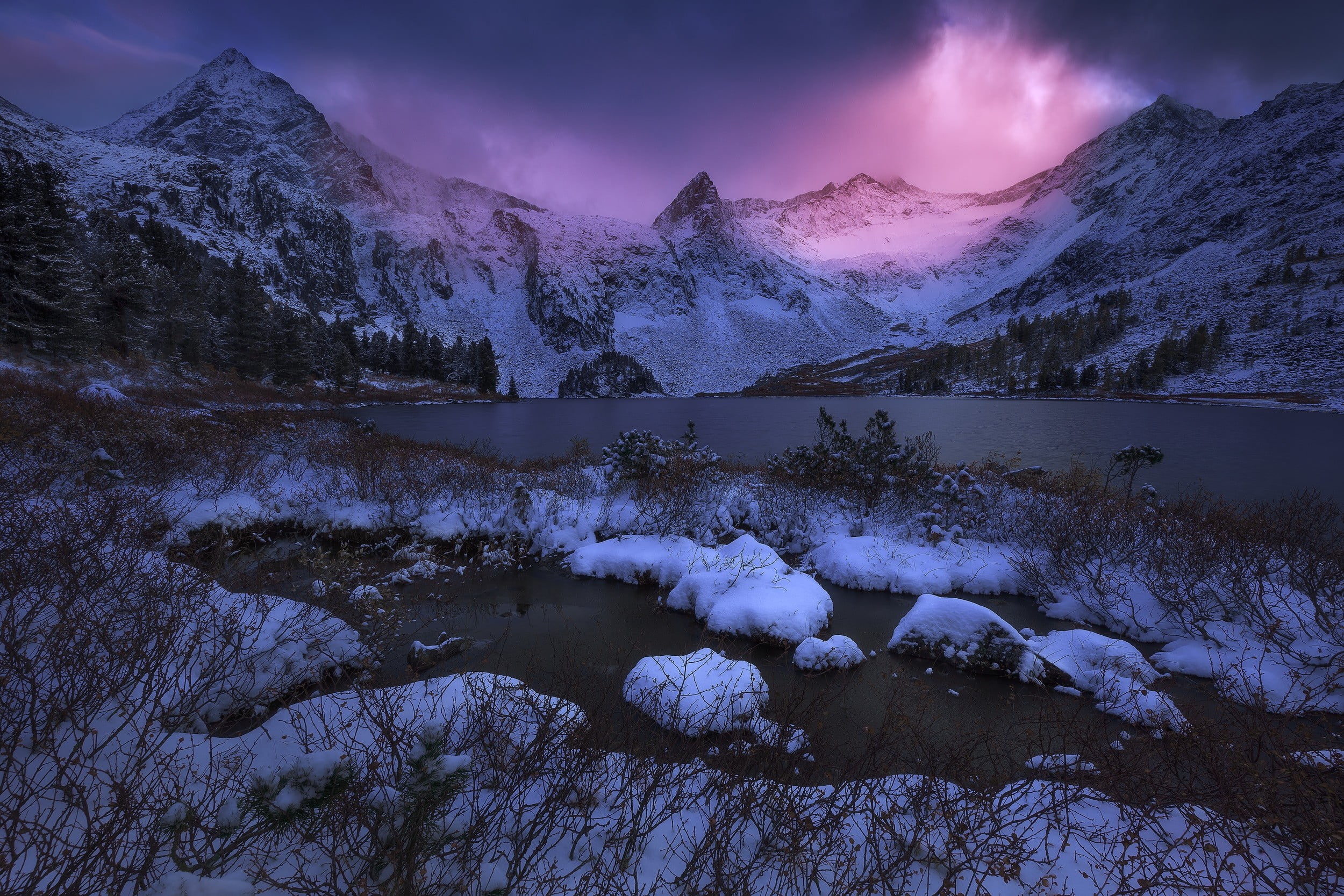 water, mountain peak, tranquility, 1080P, painting, shrubs, nature, abstract, mountain range, ice, sunlight, cloud - sky, no people, snow, beauty in nature, HD Wallpaper