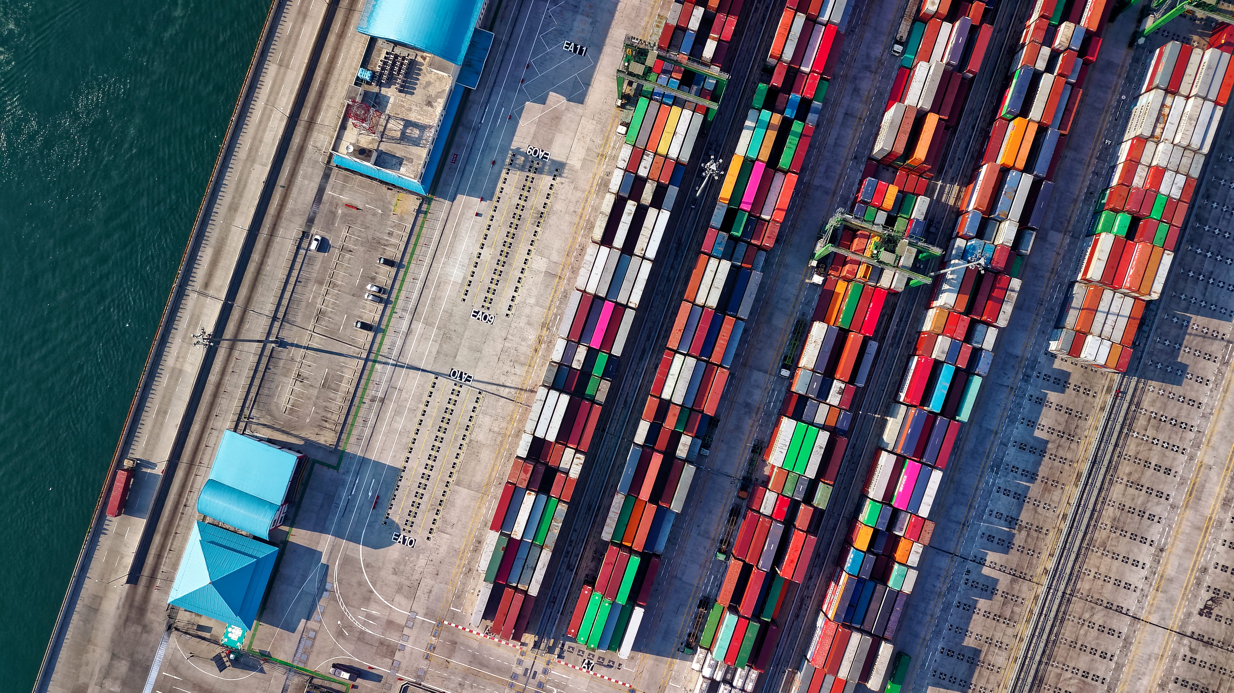 aerial view, contemporary, container, van, harbor, aerial shot, outdoors, water, daylight, commercial dock, shipping, architecture, high angle view, photography, HD Wallpaper