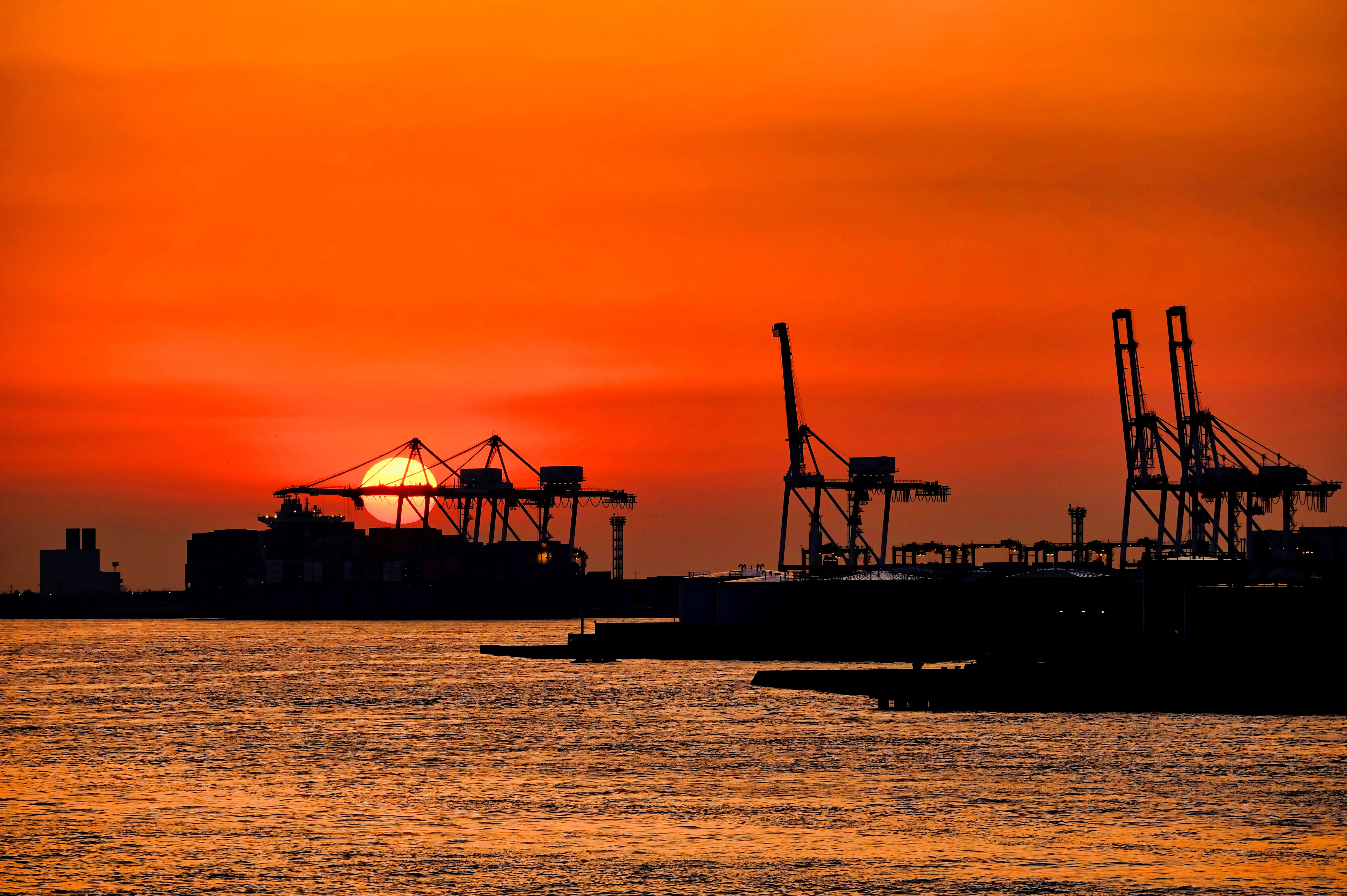 orange color, commercial dock, crane - construction machinery, crane, water, mode of transportation, ship, 5K, sea, bay, harbor, freight transportation, HD Wallpaper