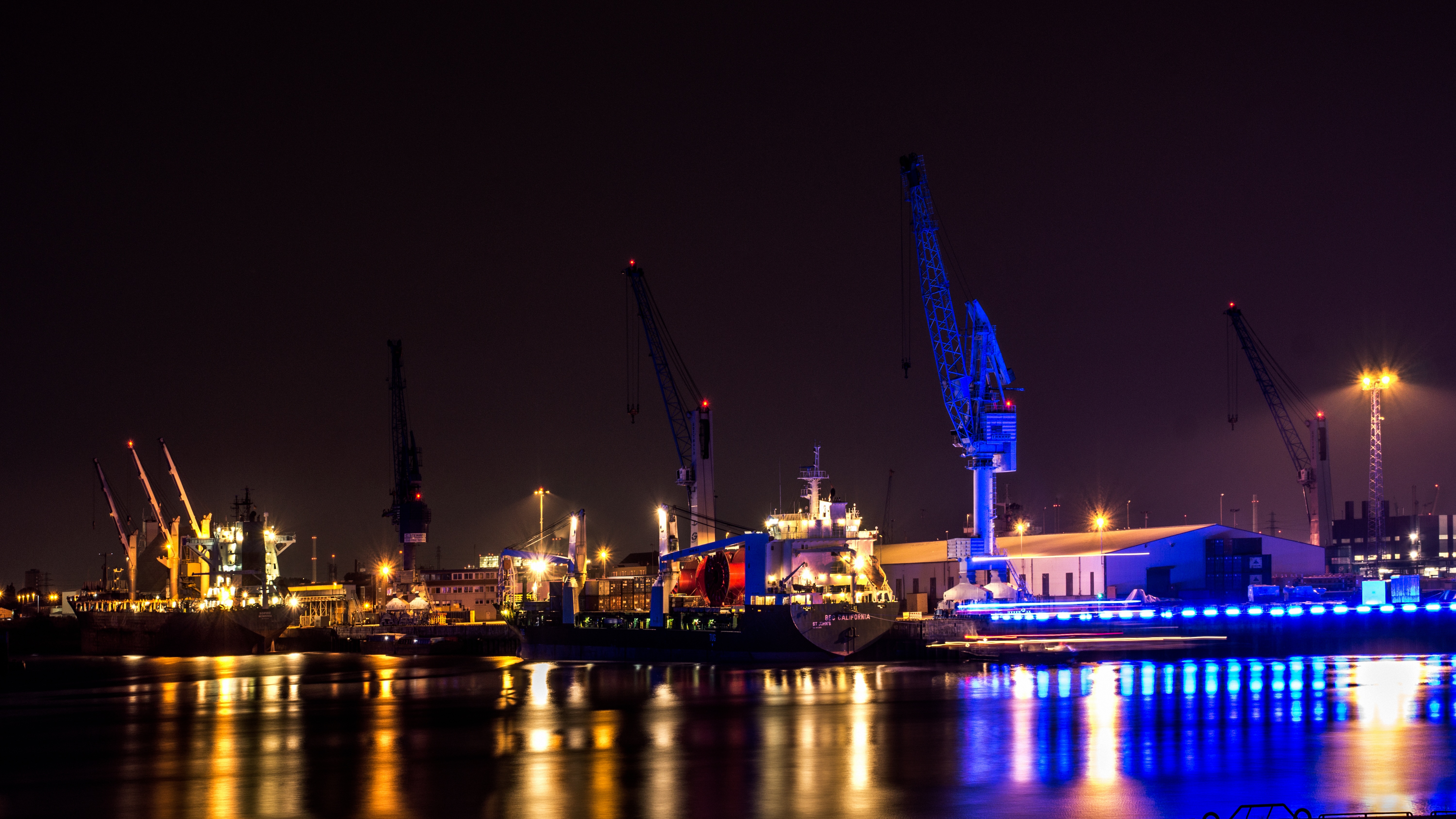 industry, architecture, outdoors, shipyard, illuminated, ship, cranes, 5K, pier, night, commercial dock, industrial district, hamburg, freight transportation, HD Wallpaper