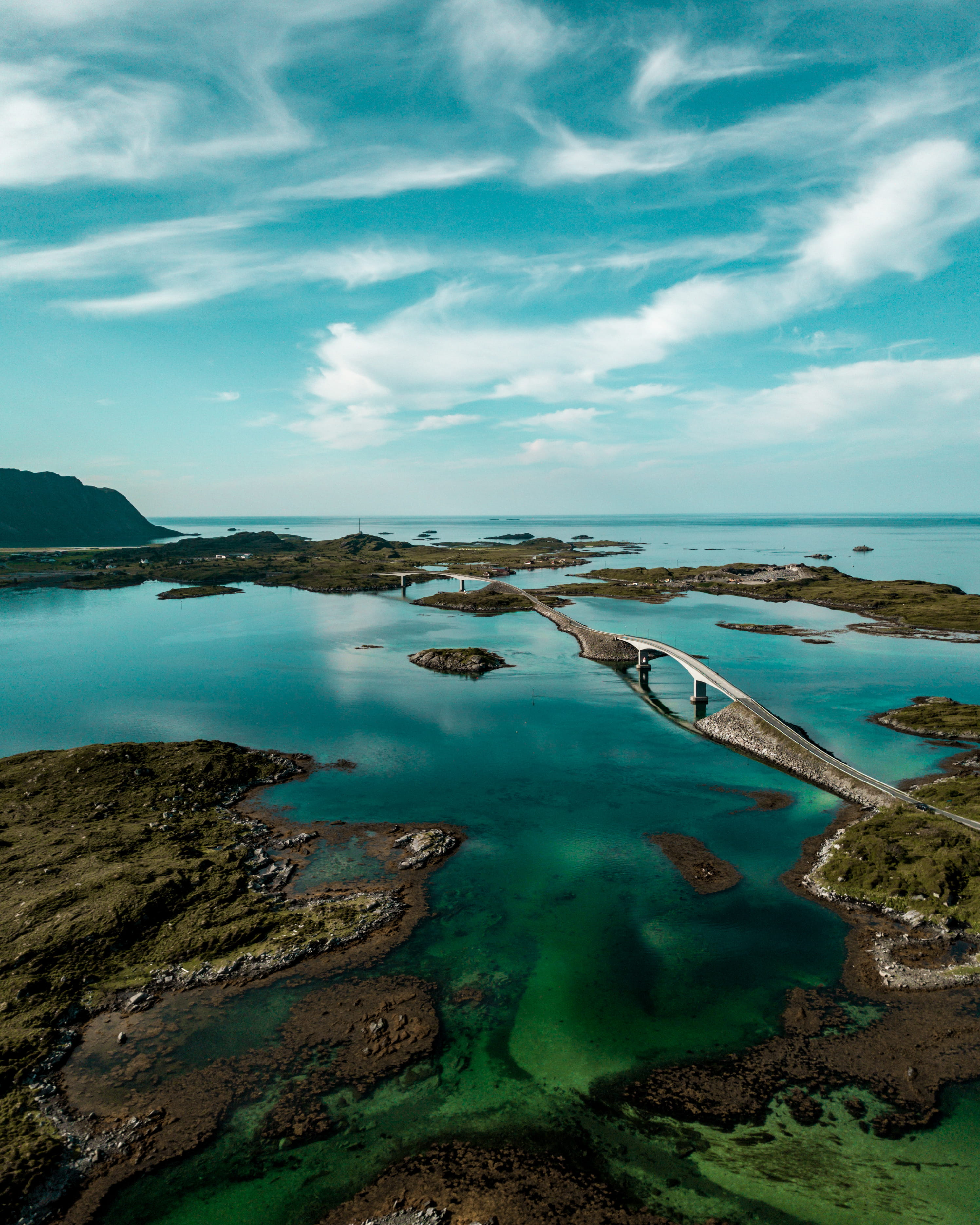 aerial view, aerial photography, idyllic, lagoon, bridge, blue skies, non-urban scene, drone footage, seashore, moss, bay, ocean, summer, aerial, high angle shot, Phone HD Wallpaper
