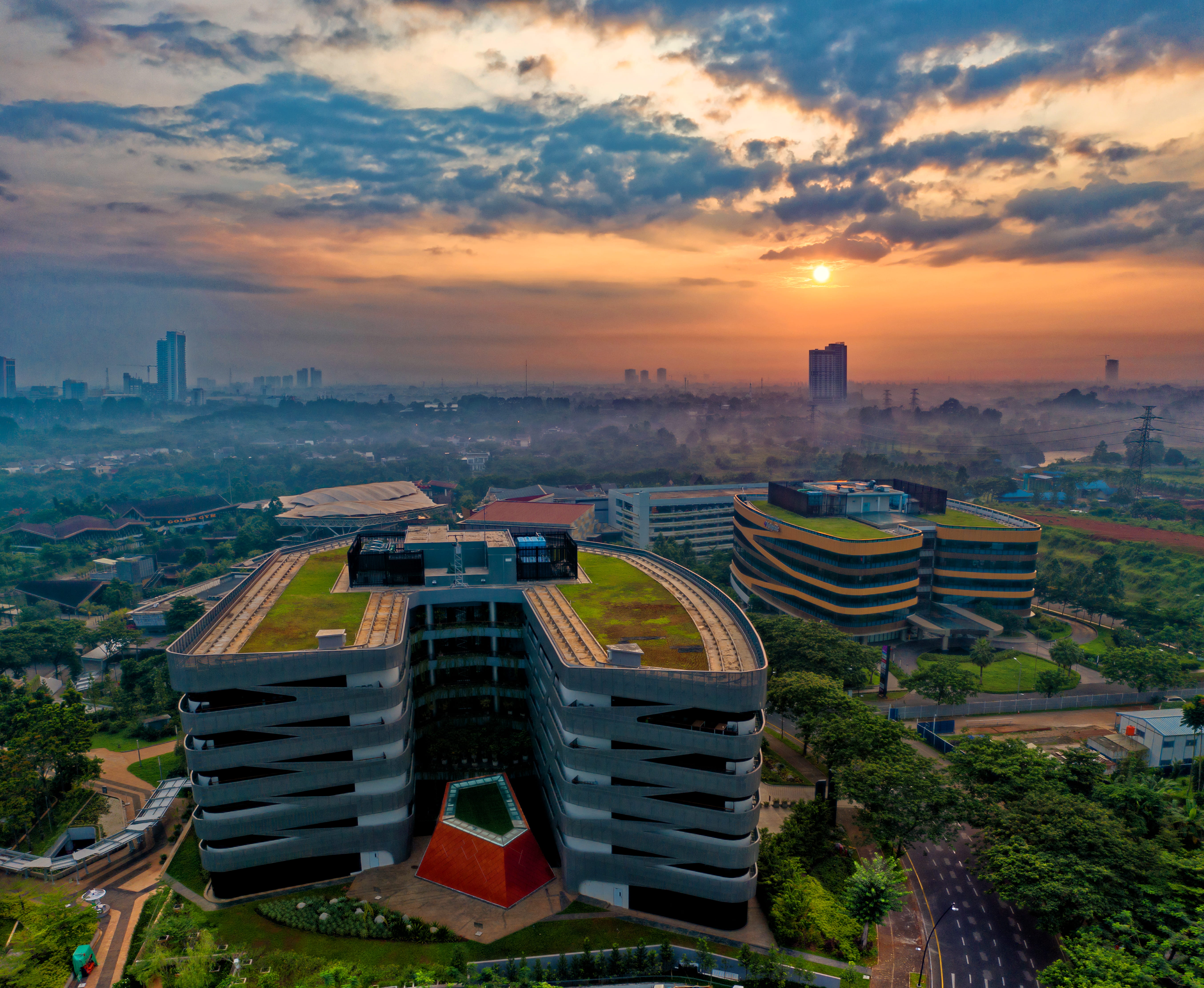 downtown, skyscraper, outdoors, urban, cloud - sky, sun, photography, birds eye view, roads, grass, golden hour, nature, landmark, landscape, architecture, HD Wallpaper