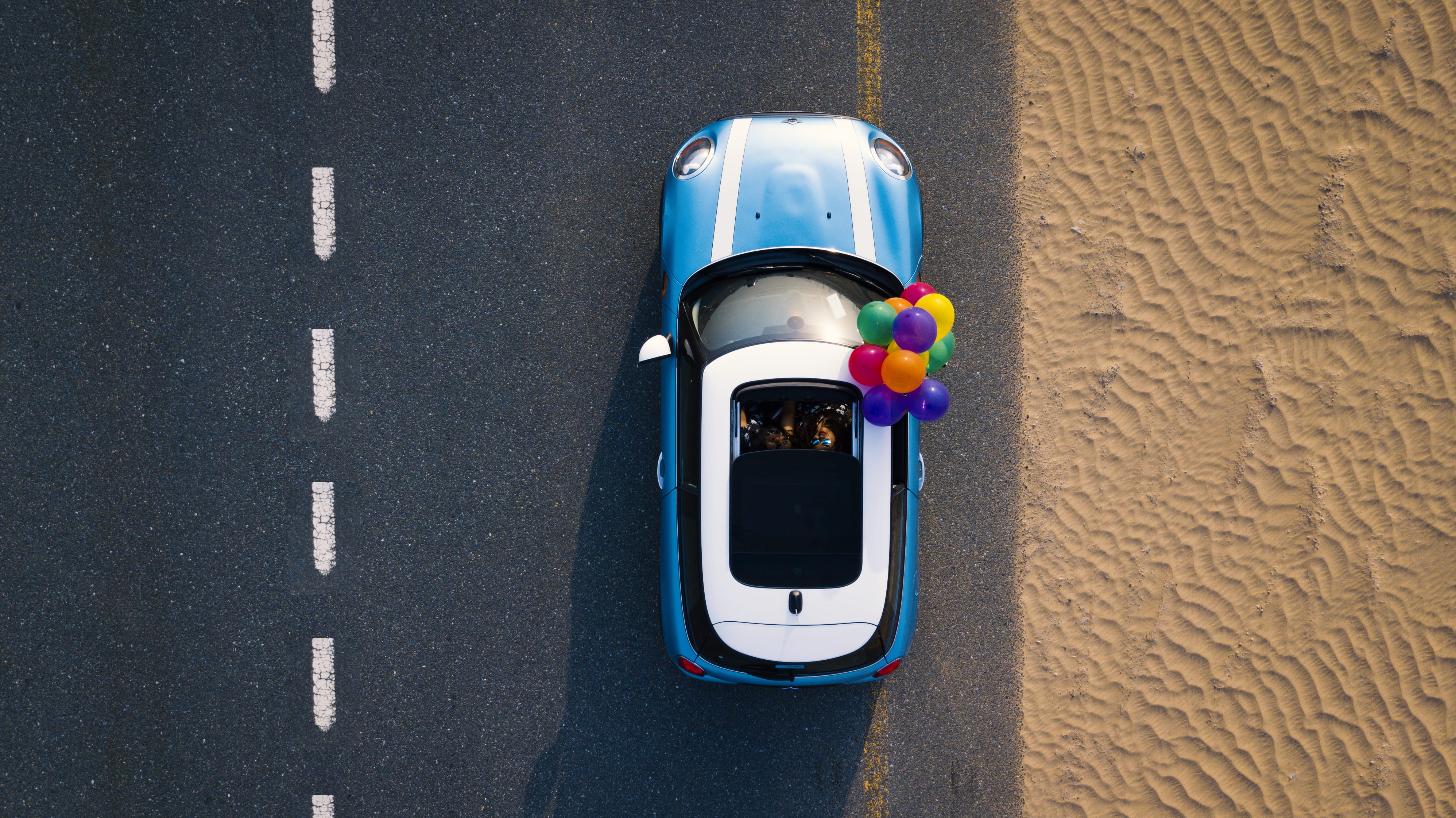 sunlight, telephone, aerial, driving, Mini Cooper, recreation, shadow, asphalt, drone cam, communication, top view, drone footage, drone shot, drone, wall - building feature, HD Wallpaper