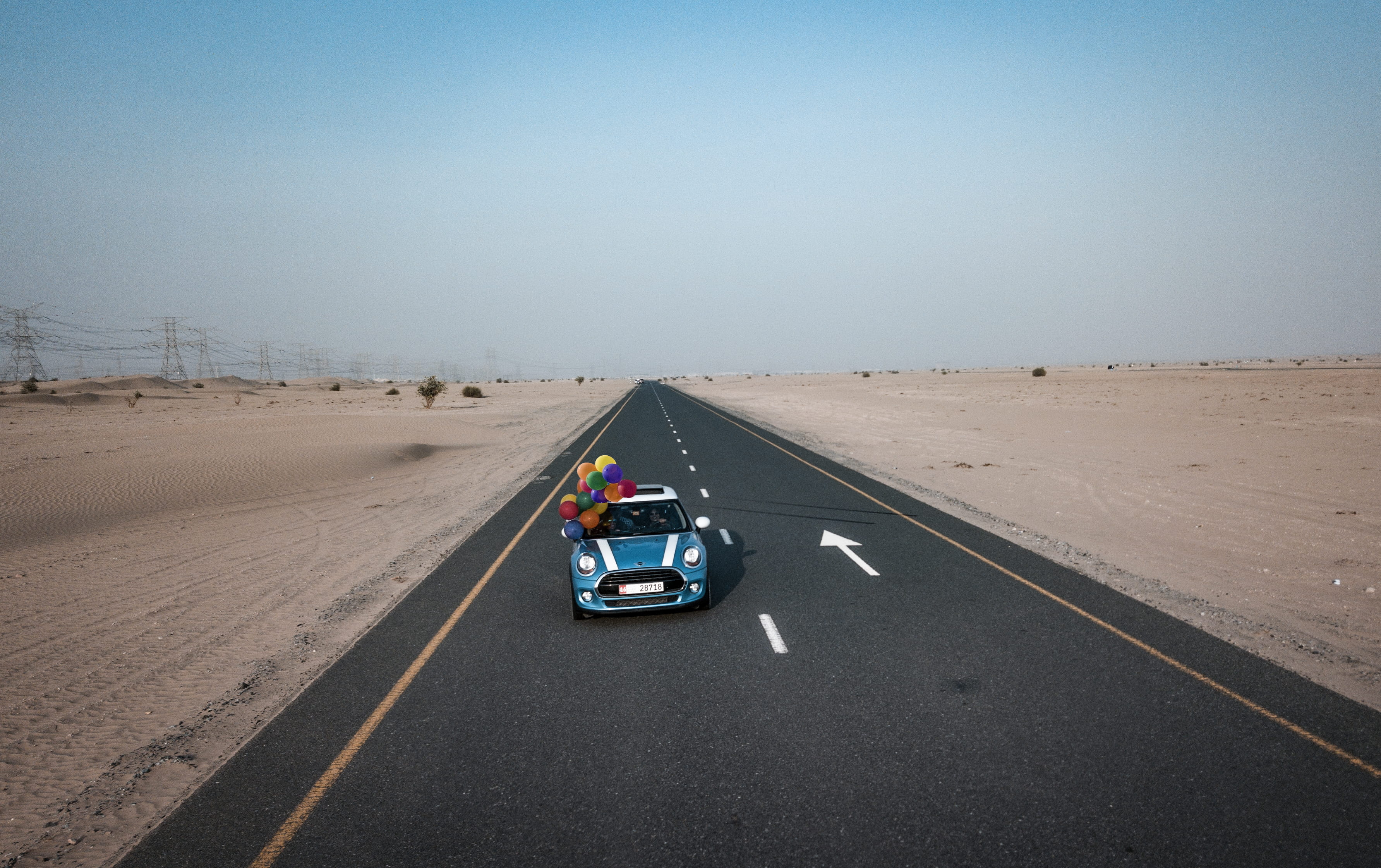 style, the way forward, automotive, drone shot, hurry, driving, travel, white, colorful, asphalt, landscape, automobile, highway, clear sky, Mini Cooper, HD Wallpaper