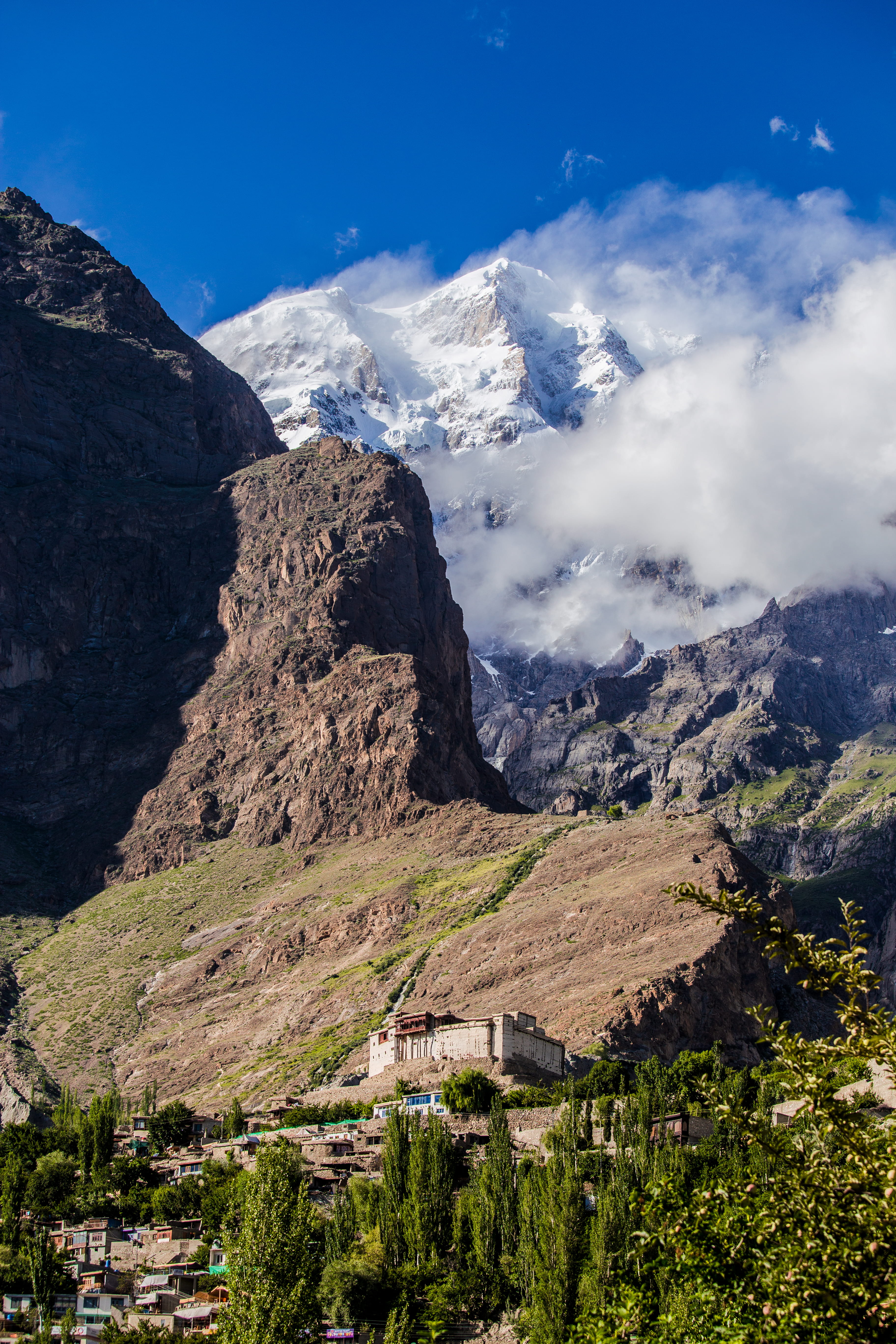 no people, outdoors, 5K, daylight, mountain, cloud - sky, day, landscape, environment, tree, snow, hunza, building, scenic, building exterior, scenics - nature, Phone HD Wallpaper
