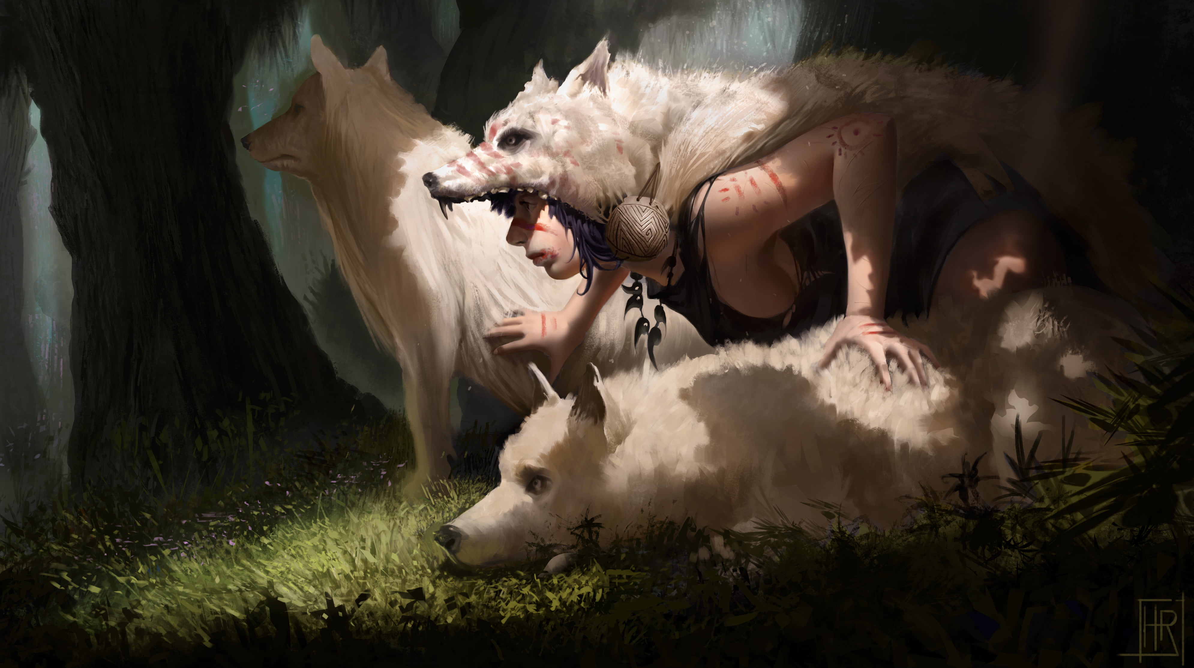domestic animals, dogs, mammal, pets, herbivorous, animal wildlife, animal themes, forest, tree, nature, animal, Princess Mononoke, painting, one animal, HD Wallpaper