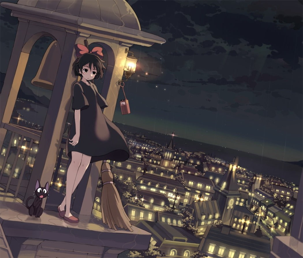 illuminated, built structure, leisure activity, 480P, Kikis Delivery Service, sky, lifestyles, clothing, young women, real people, one person, cat, Anime Girls, HD Wallpaper