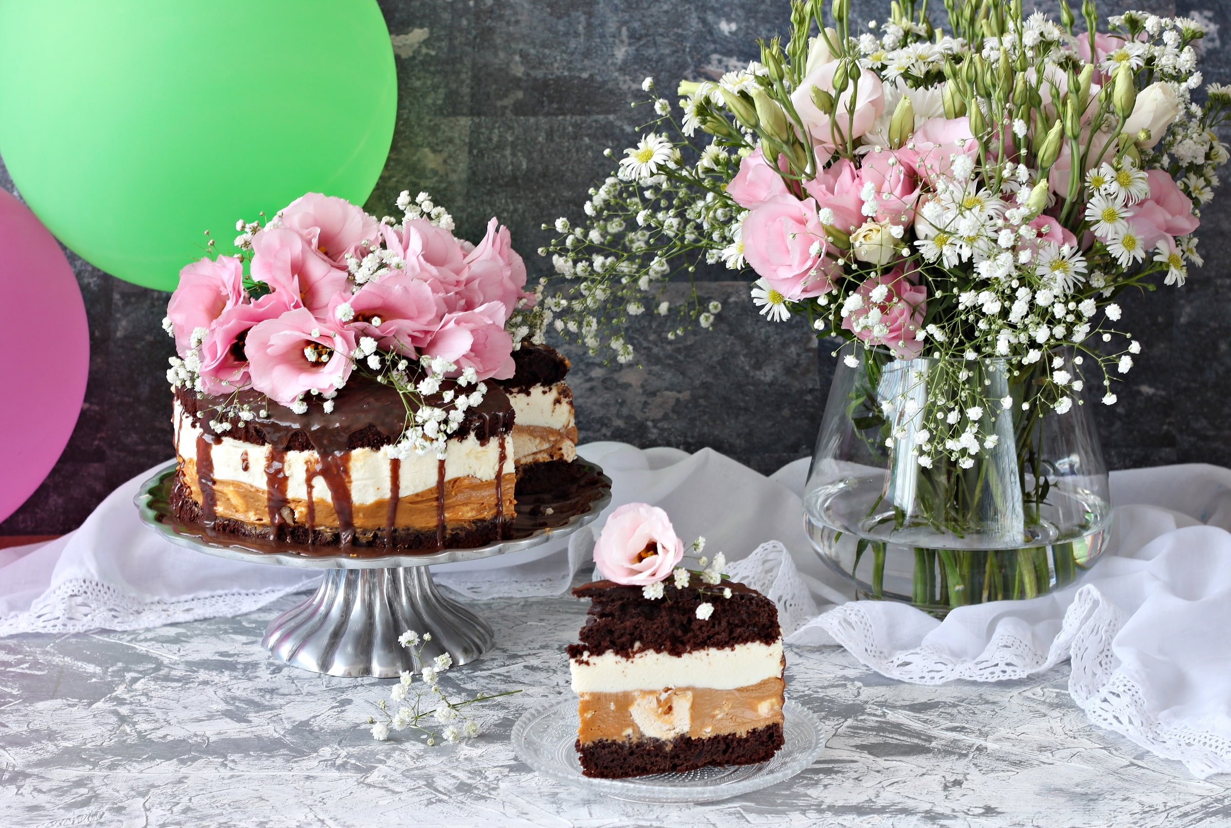 eustoma, balls, cake, 1080P, flowers, chocolate, HD Wallpaper