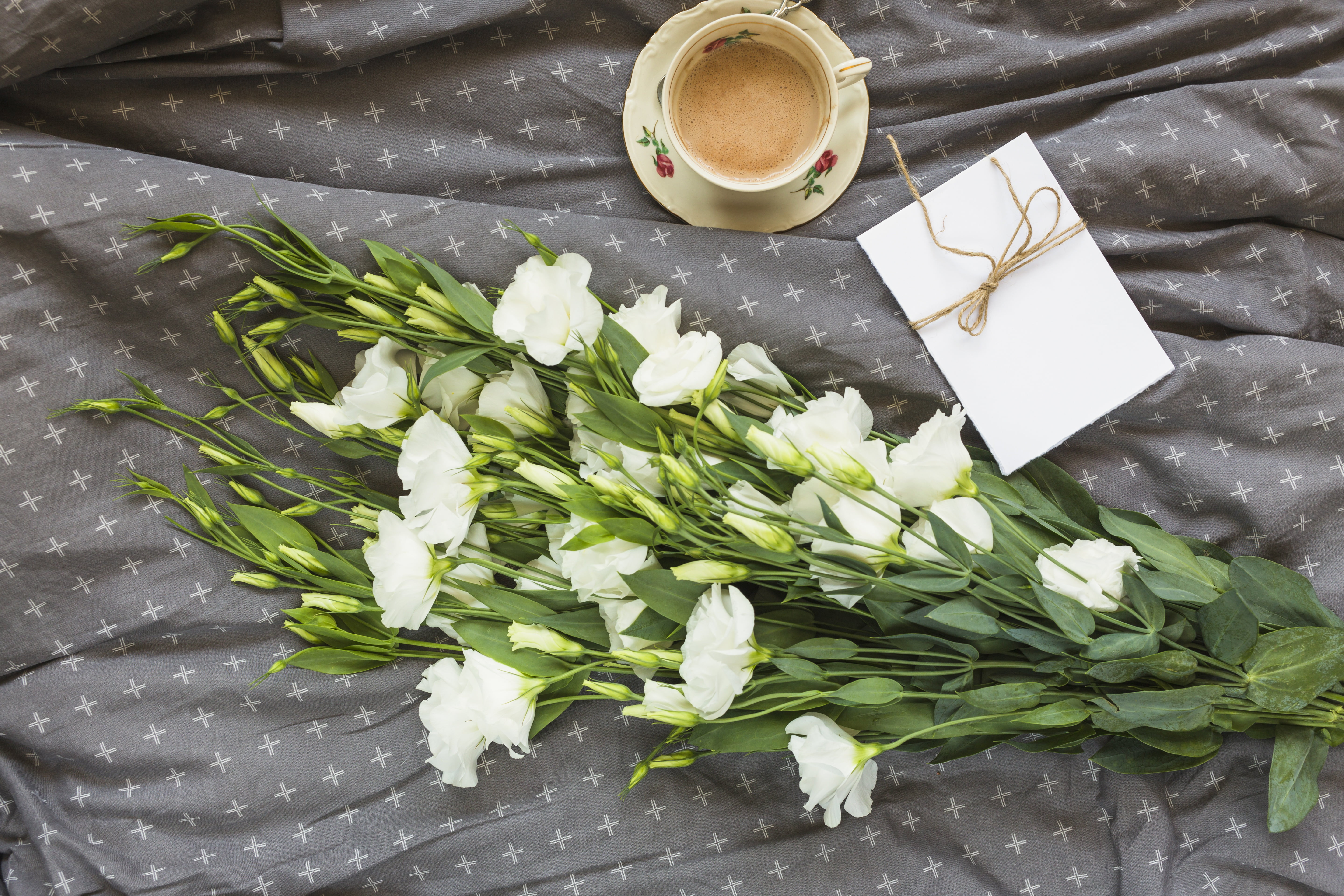 flowers, coffee cup, romantic, eustoma, beautiful, 5K, a Cup of coffee, bouquet, white, HD Wallpaper