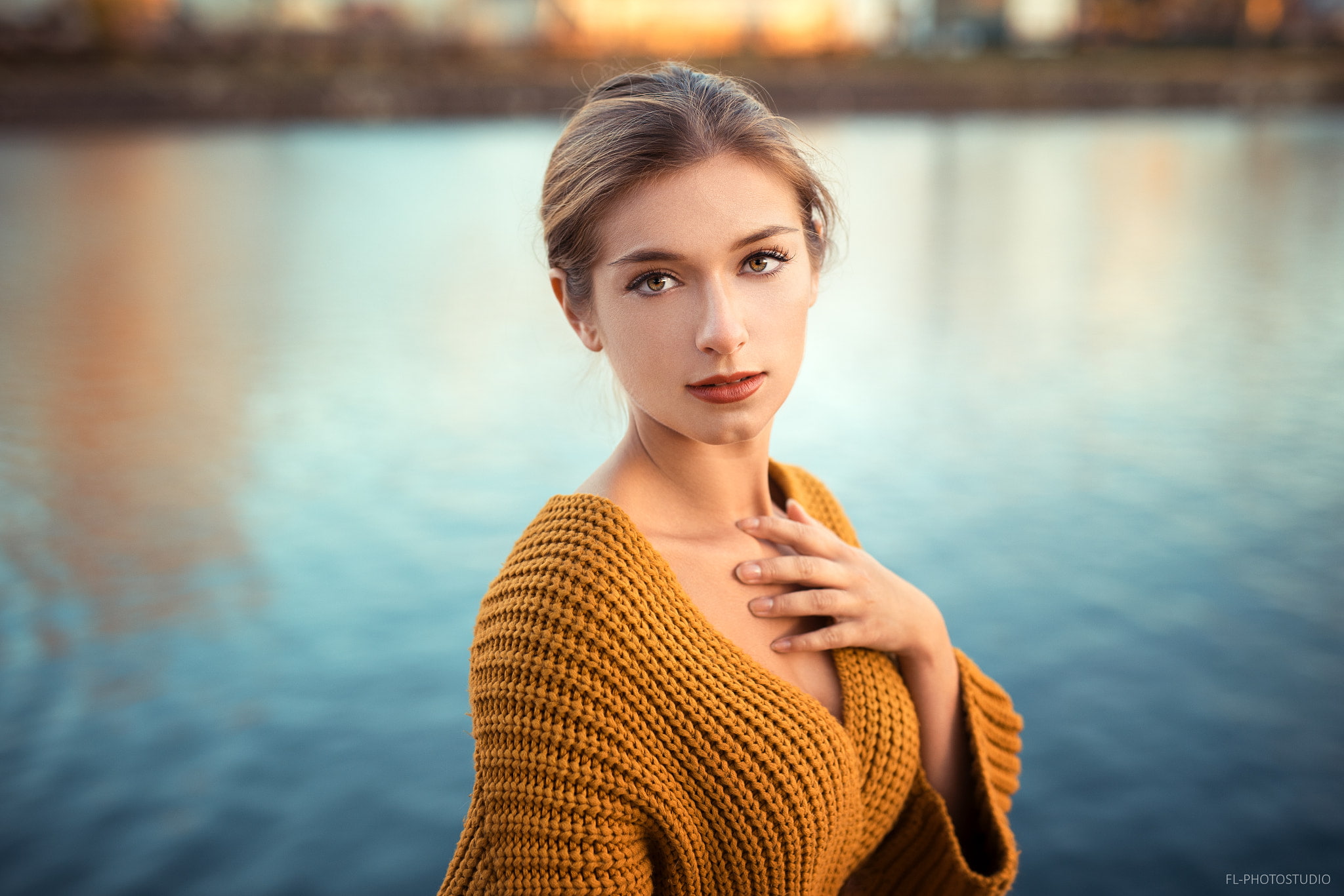 blonde, depth of field, portrait, women outdoors, 1080P, river, red lipstick, women, sweater, HD Wallpaper