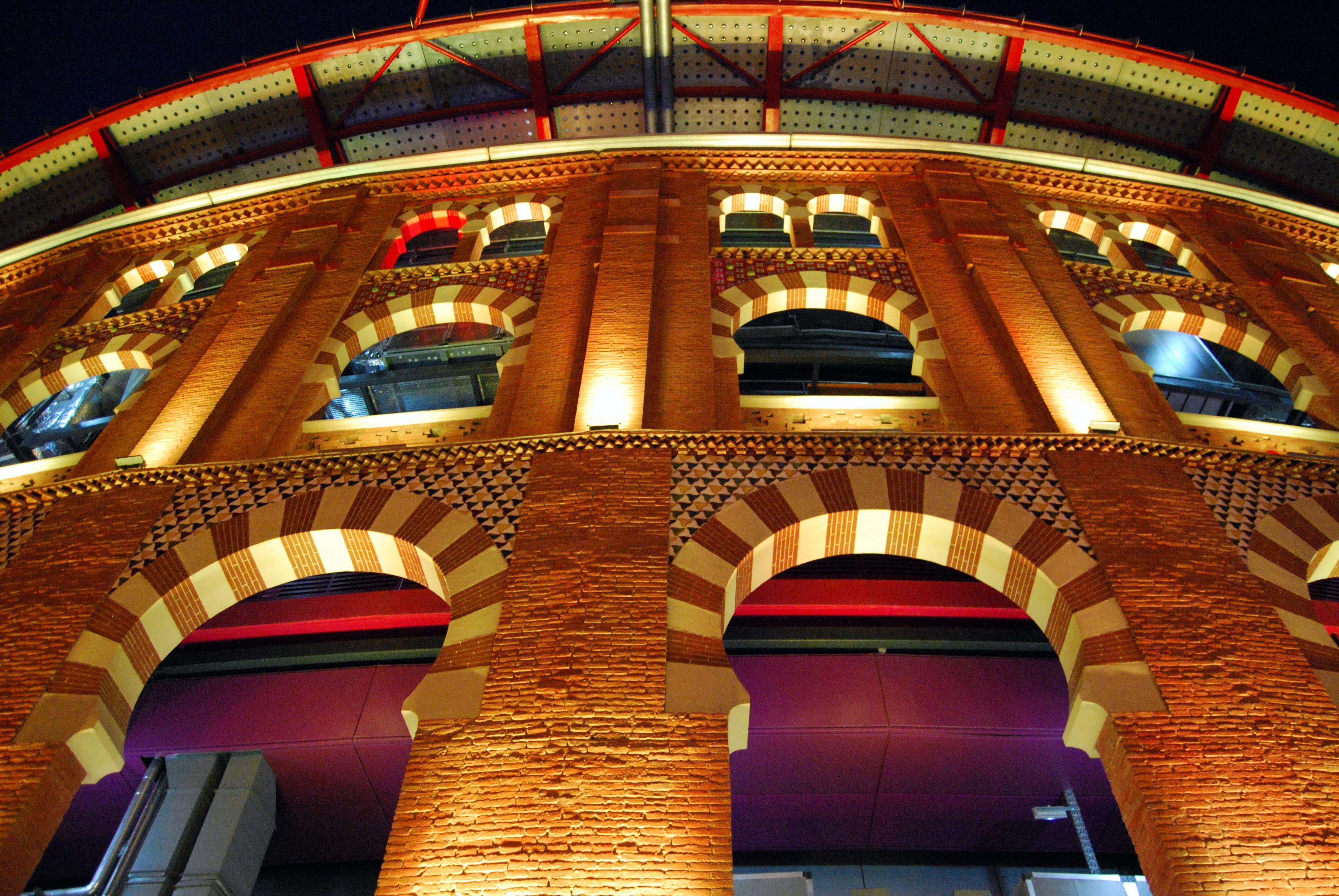 night, arched, travel destinations, travel, arch, illuminated, light, arena, lights, architecture, city, built structure, barcelona, window, building exterior, HD Wallpaper