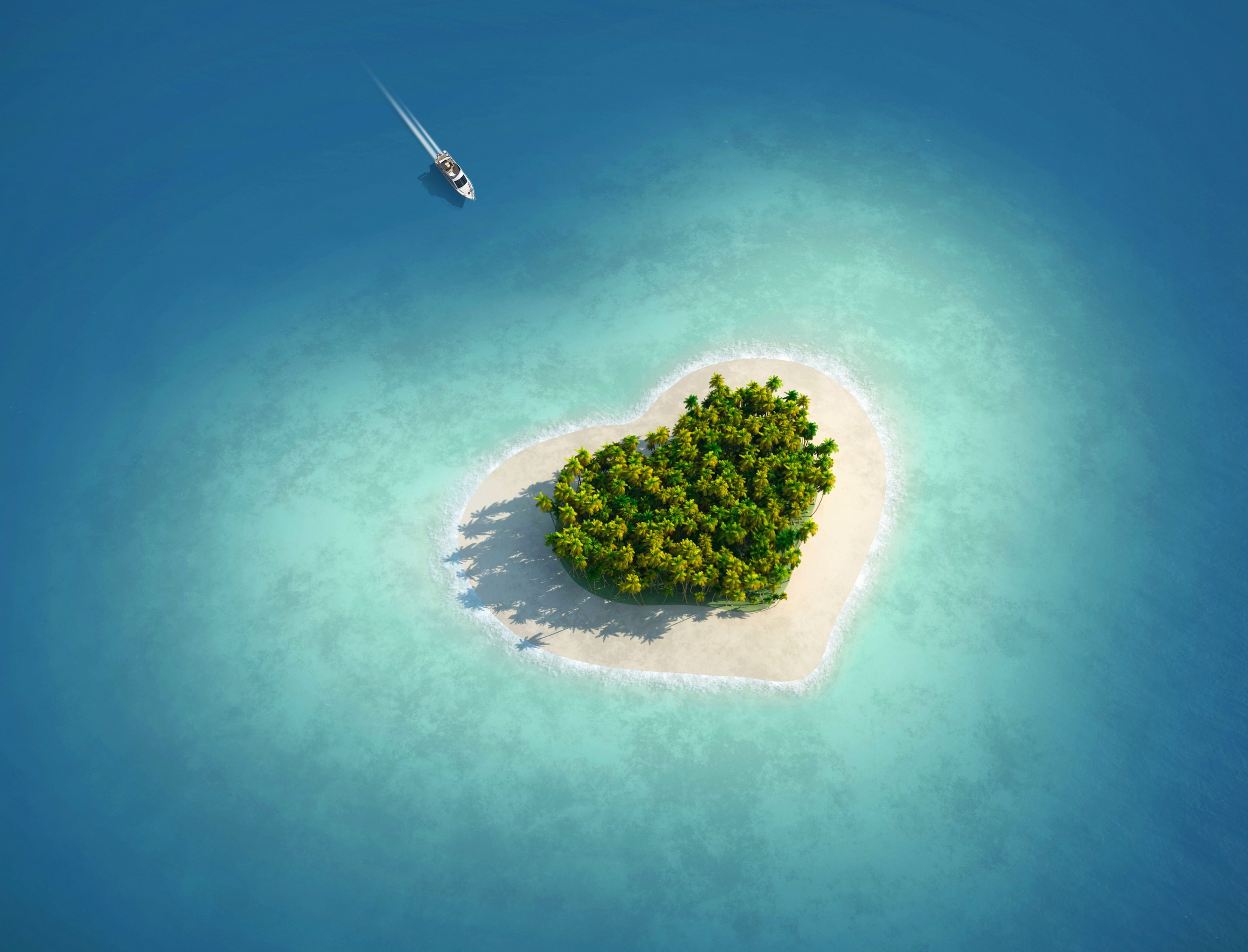 Vacation, Yacht, 4K, 4K, Island, Love heart, HD Wallpaper