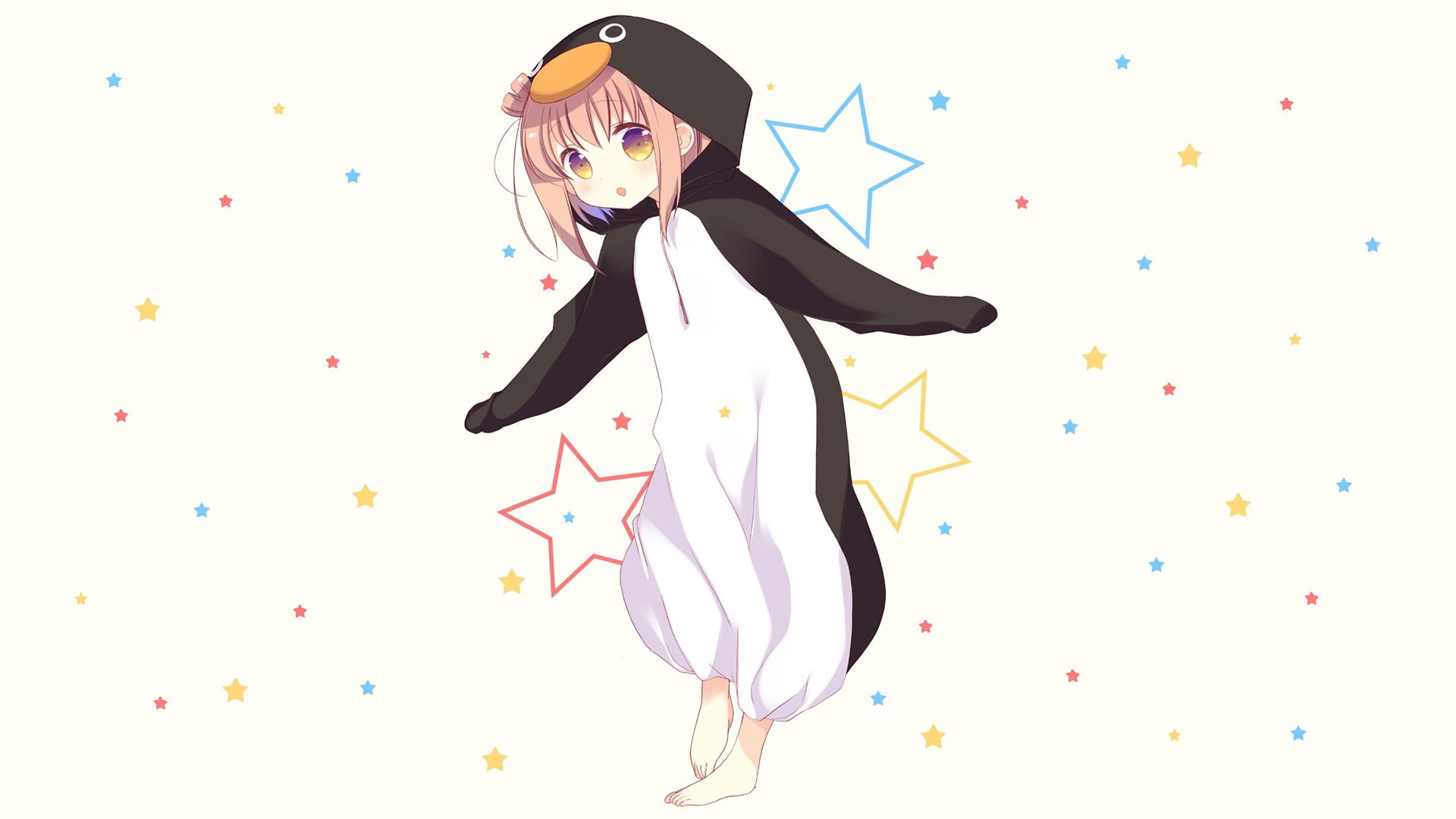 simple background, white, 1080P, Hana Ichinose, anime, anime girls, Slow Start, penguins, white background, pink hair, manga, stars, HD Wallpaper